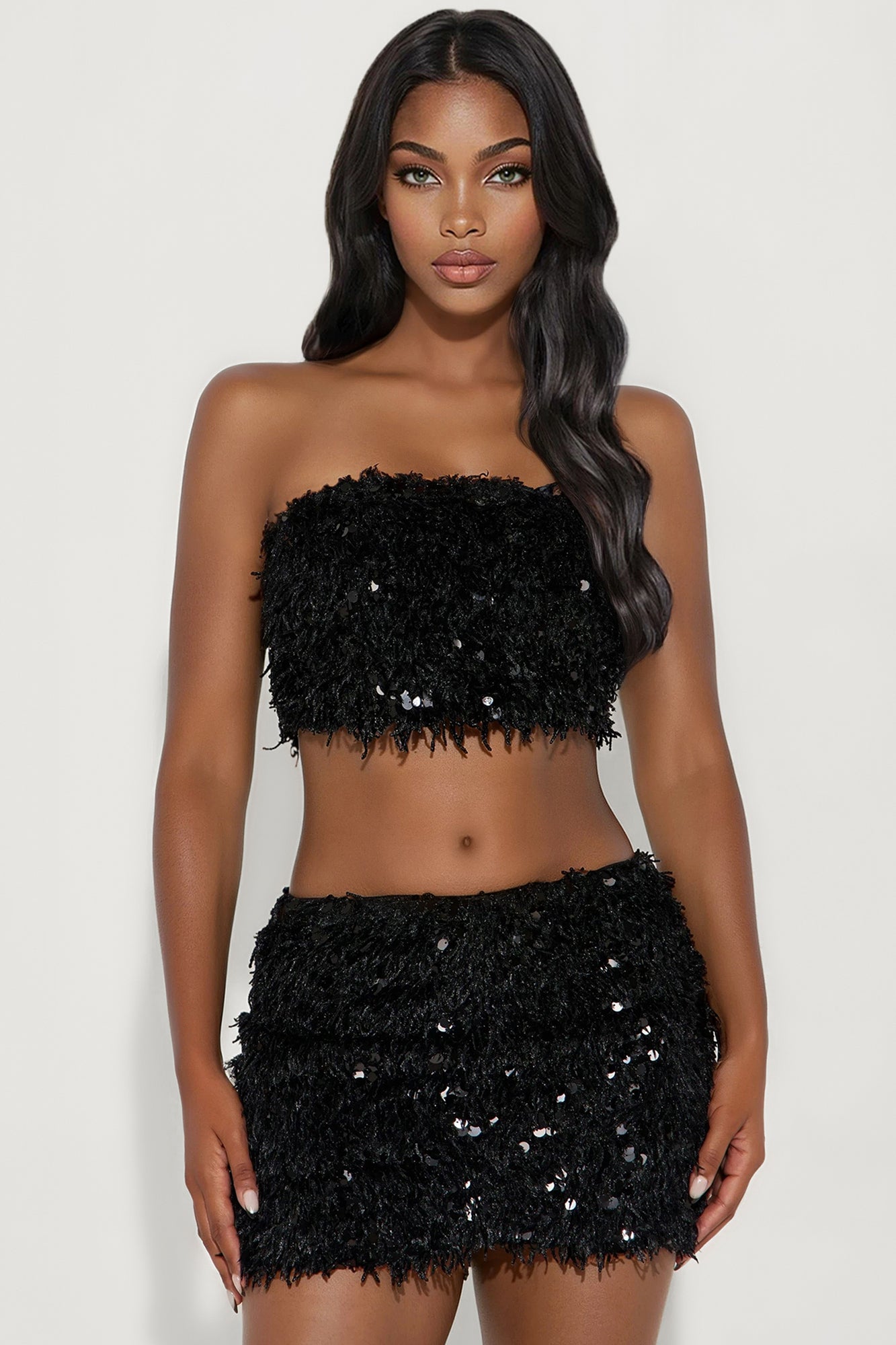 Mikayla Sequin Feather Micro ini Skirt Set - Black