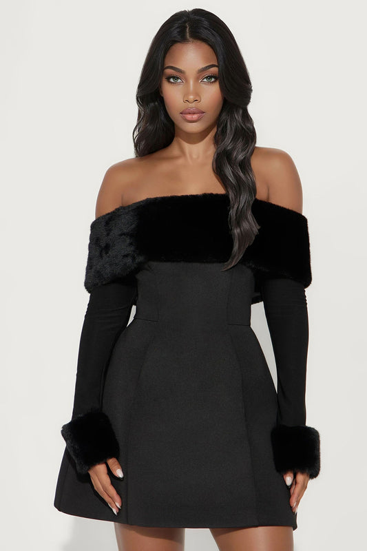 Bianca Fur Scuba Mini Dress - Black