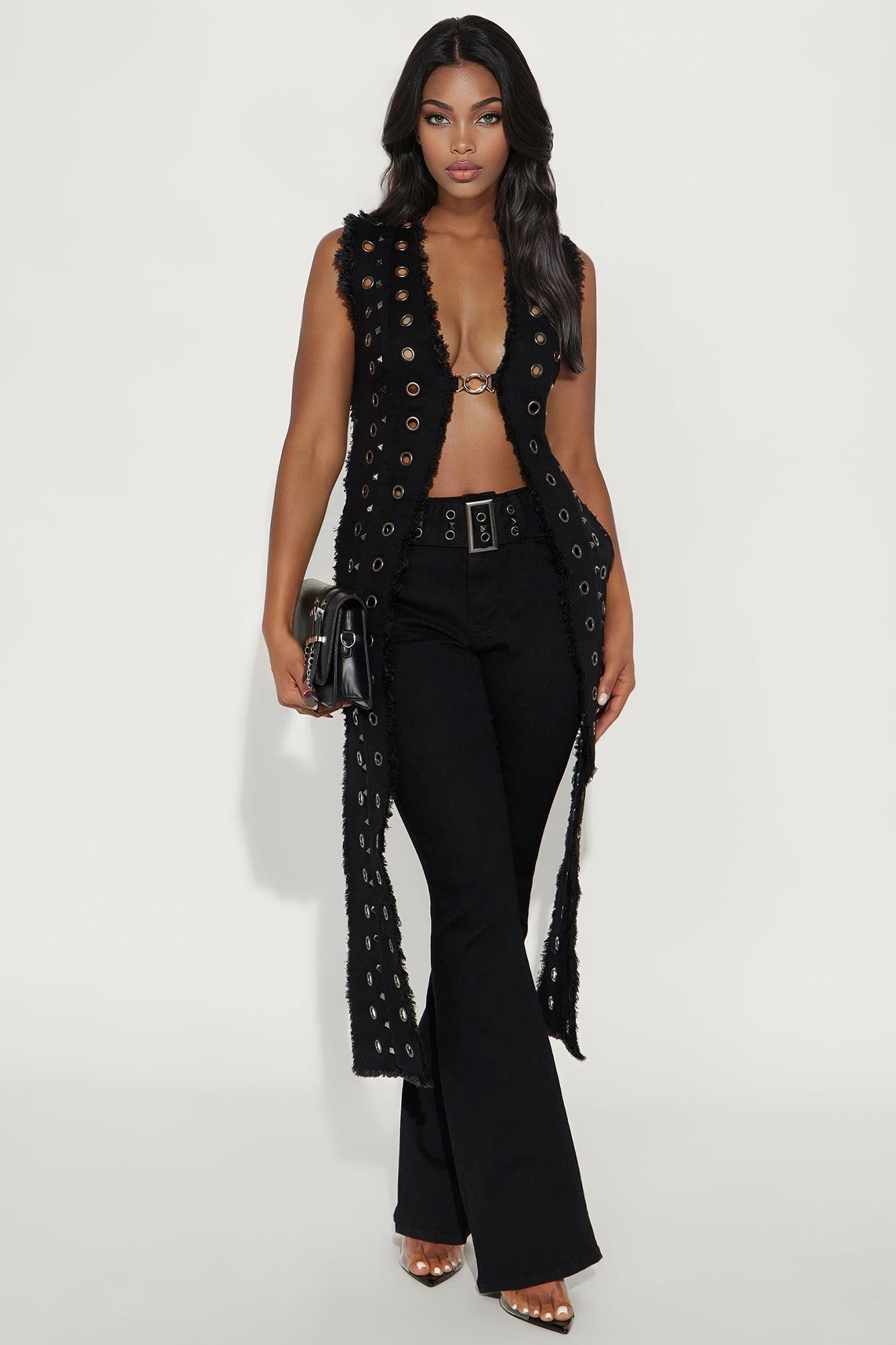 Dezi Grommet Denim Pant Set - Black