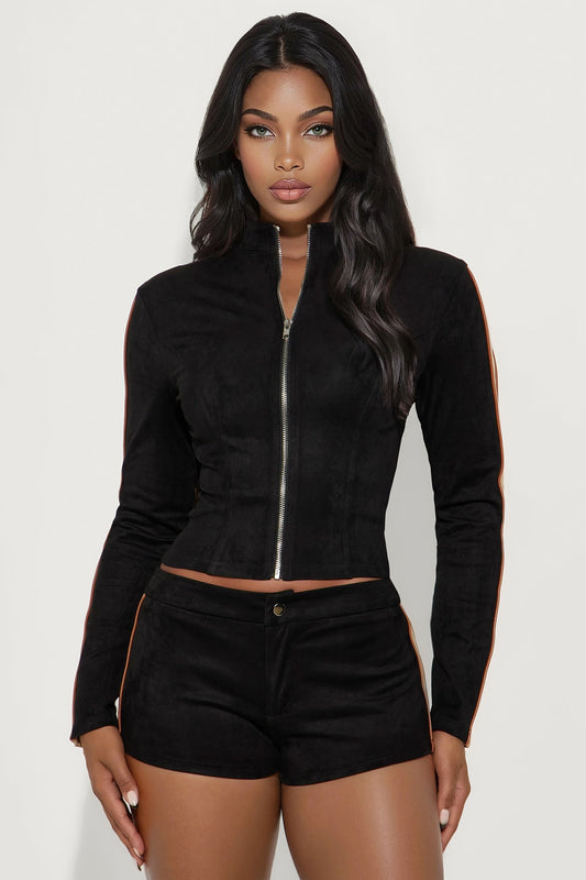 So Chic Faux Suede Jacket Short Set - Black