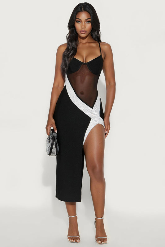 Look My Way Rhinestone Trim Bandage Midi Dress - Black