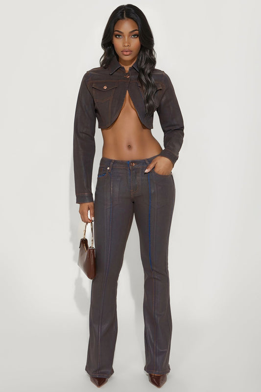 Pinegrove Coated Stretch Flare Jeans - Brown