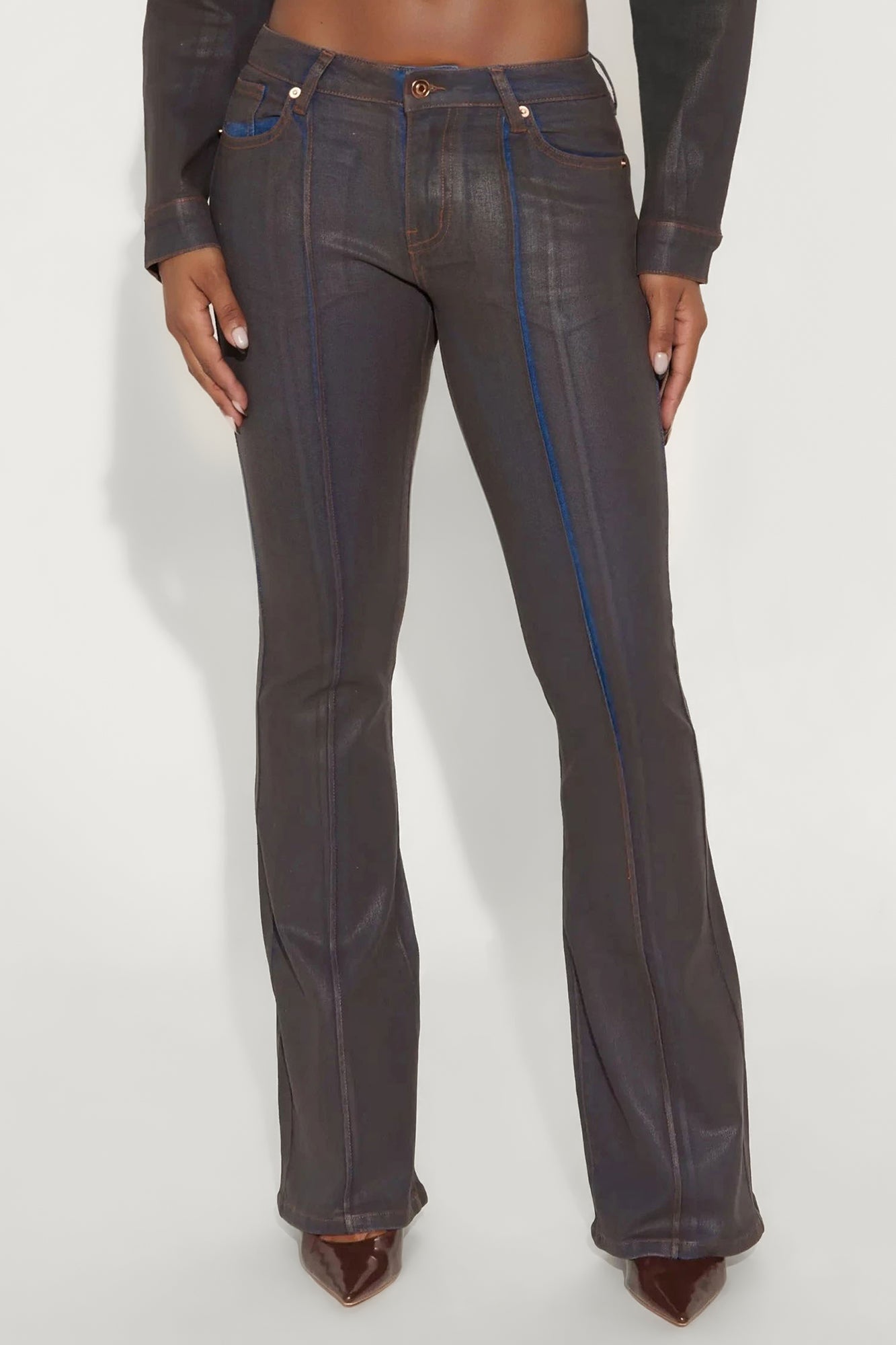 Pinegrove Coated Stretch Flare Jeans - Brown