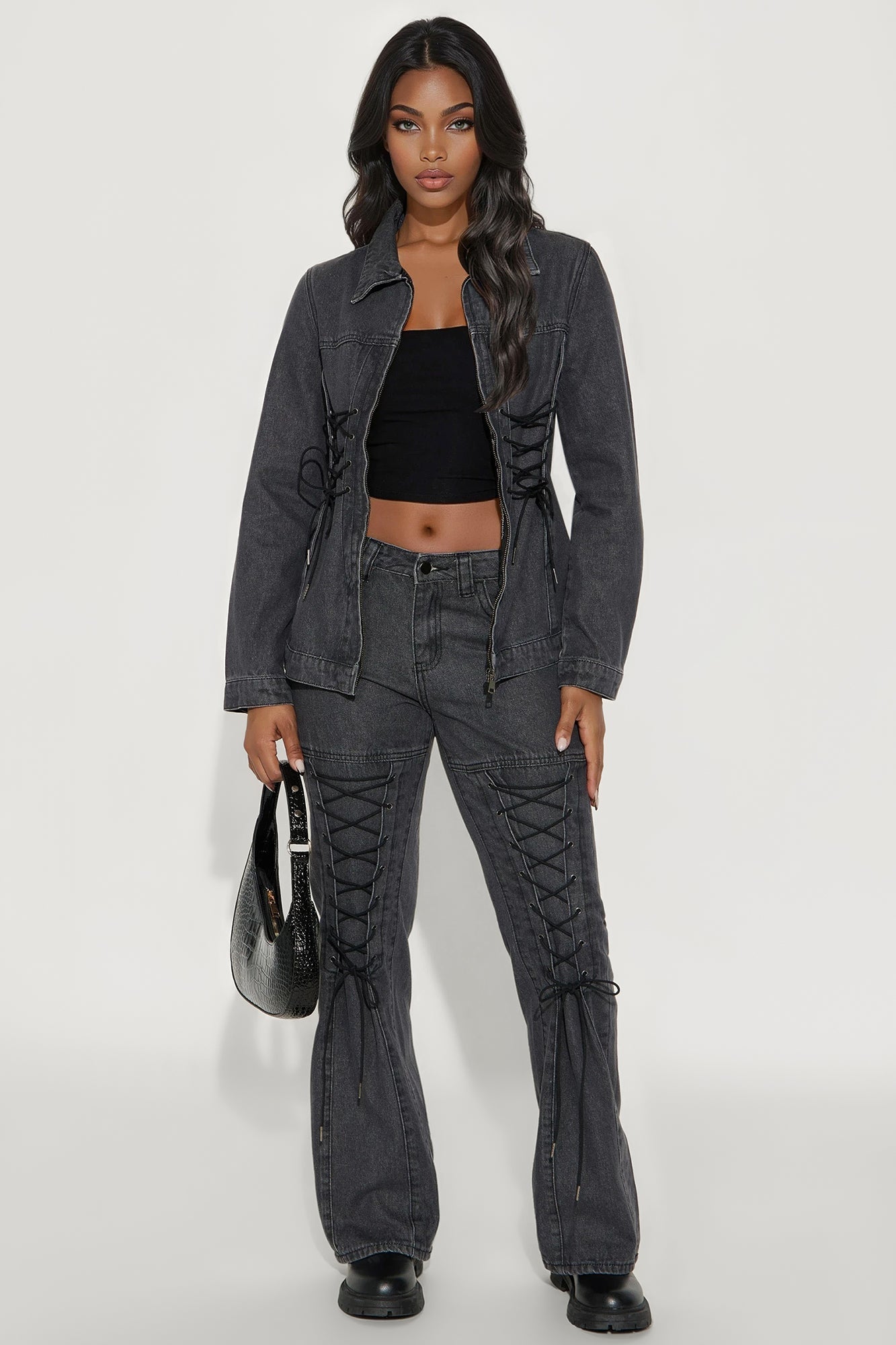 Tied Together Lace Up Denim Jacket - Dark Grey