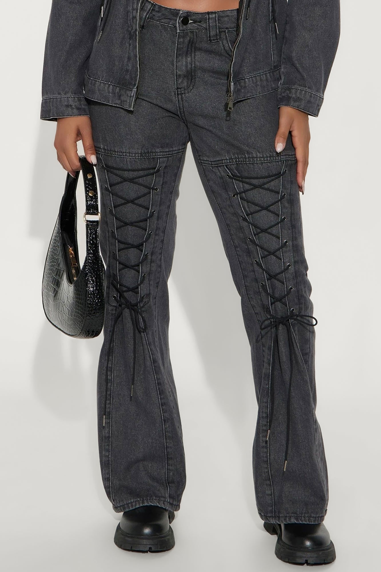 Tied Together Lace Up Wide Leg Jeans - Dark Grey