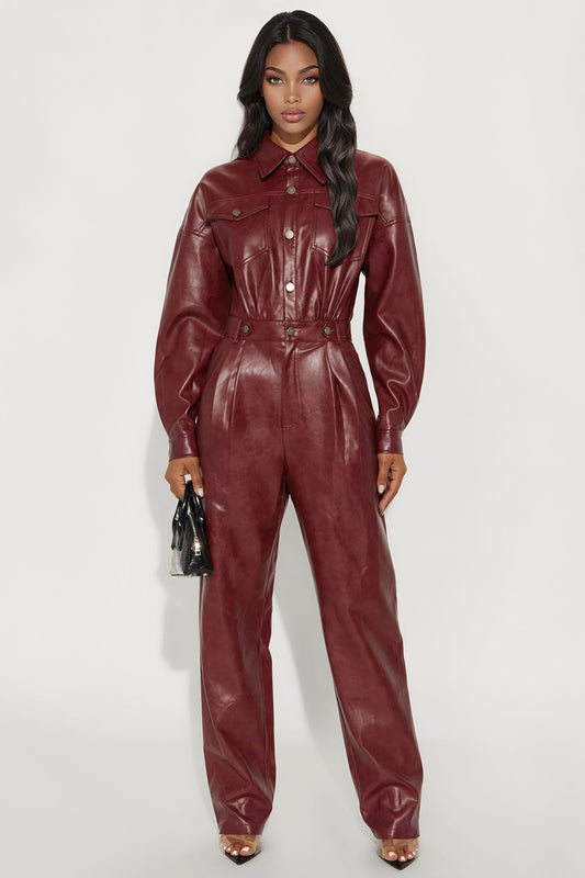 City Stroll Faux Leather Jumpsuit - Wine