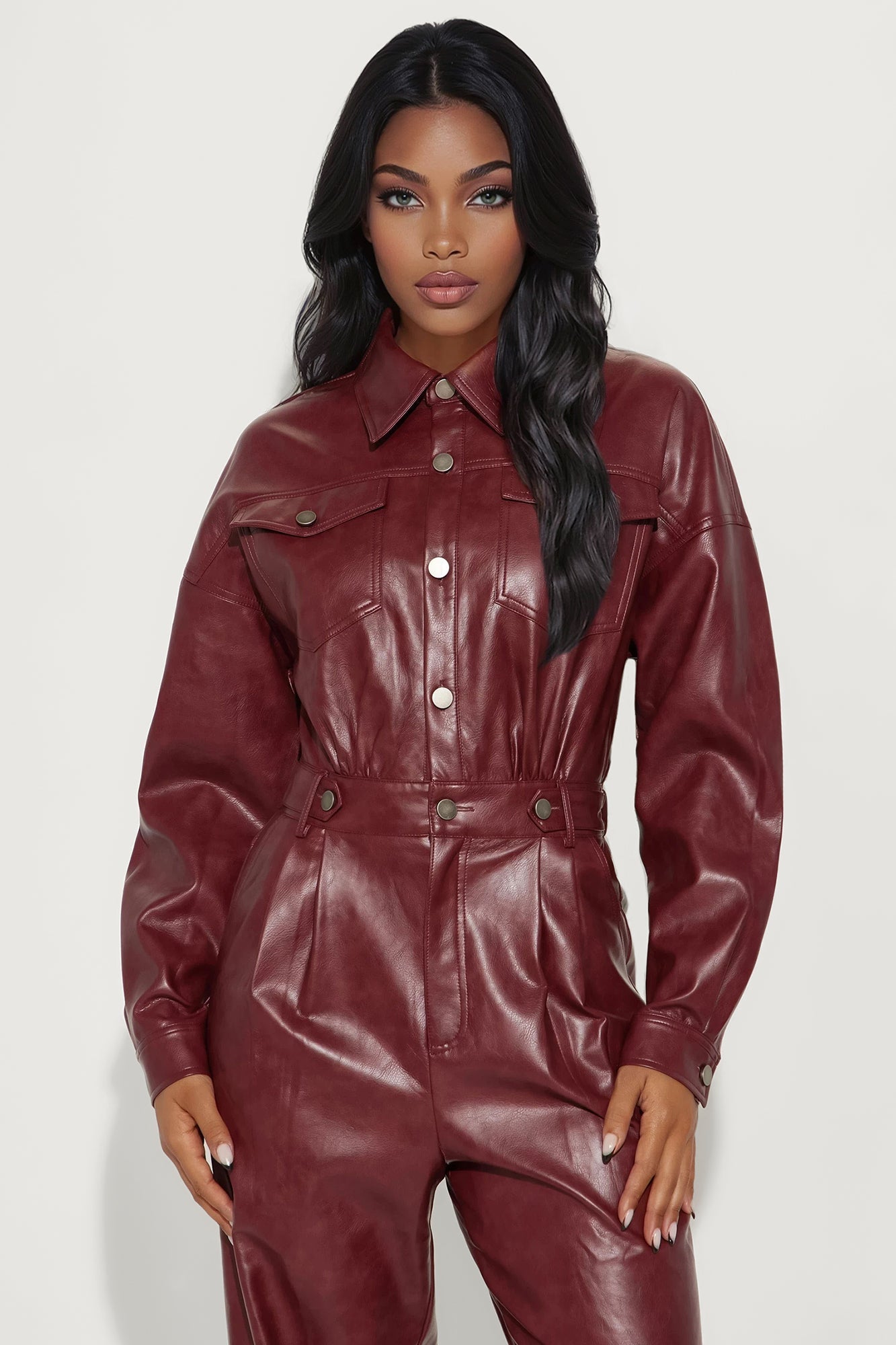 City Stroll Faux Leather Jumpsuit - Wine