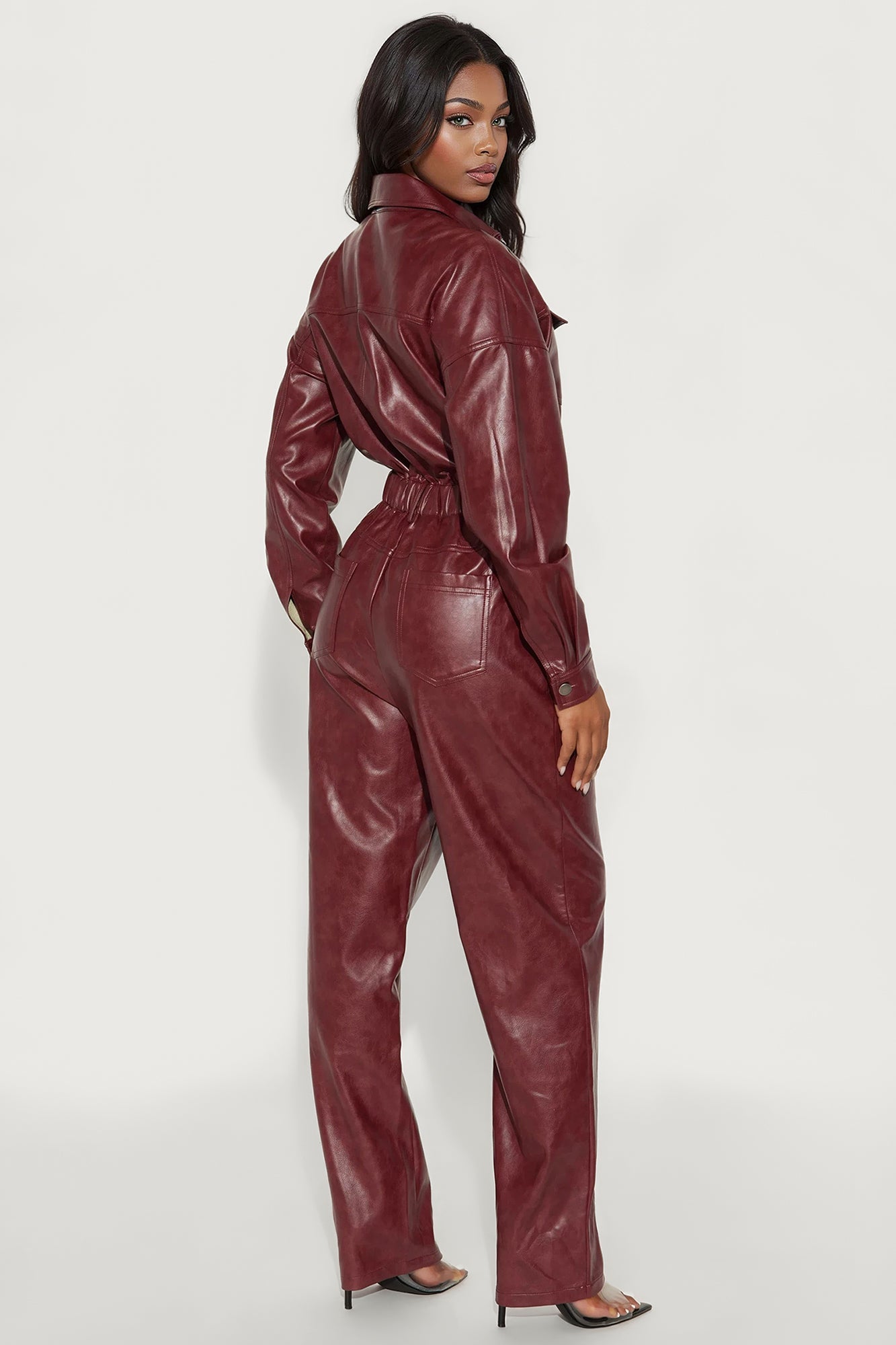 City Stroll Faux Leather Jumpsuit - Wine