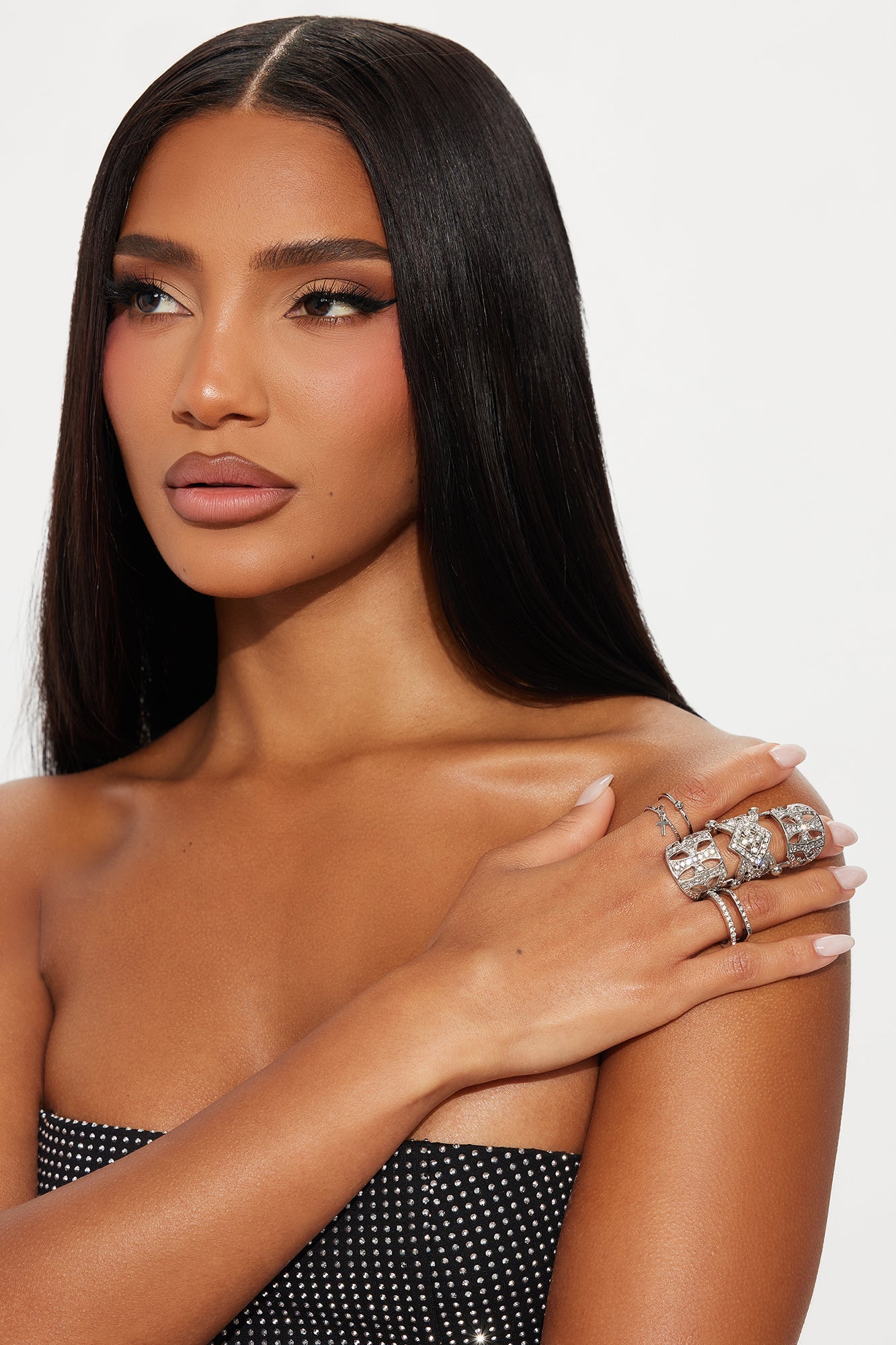 Amber Rhinestone 5 Piece Ring Set - Silver