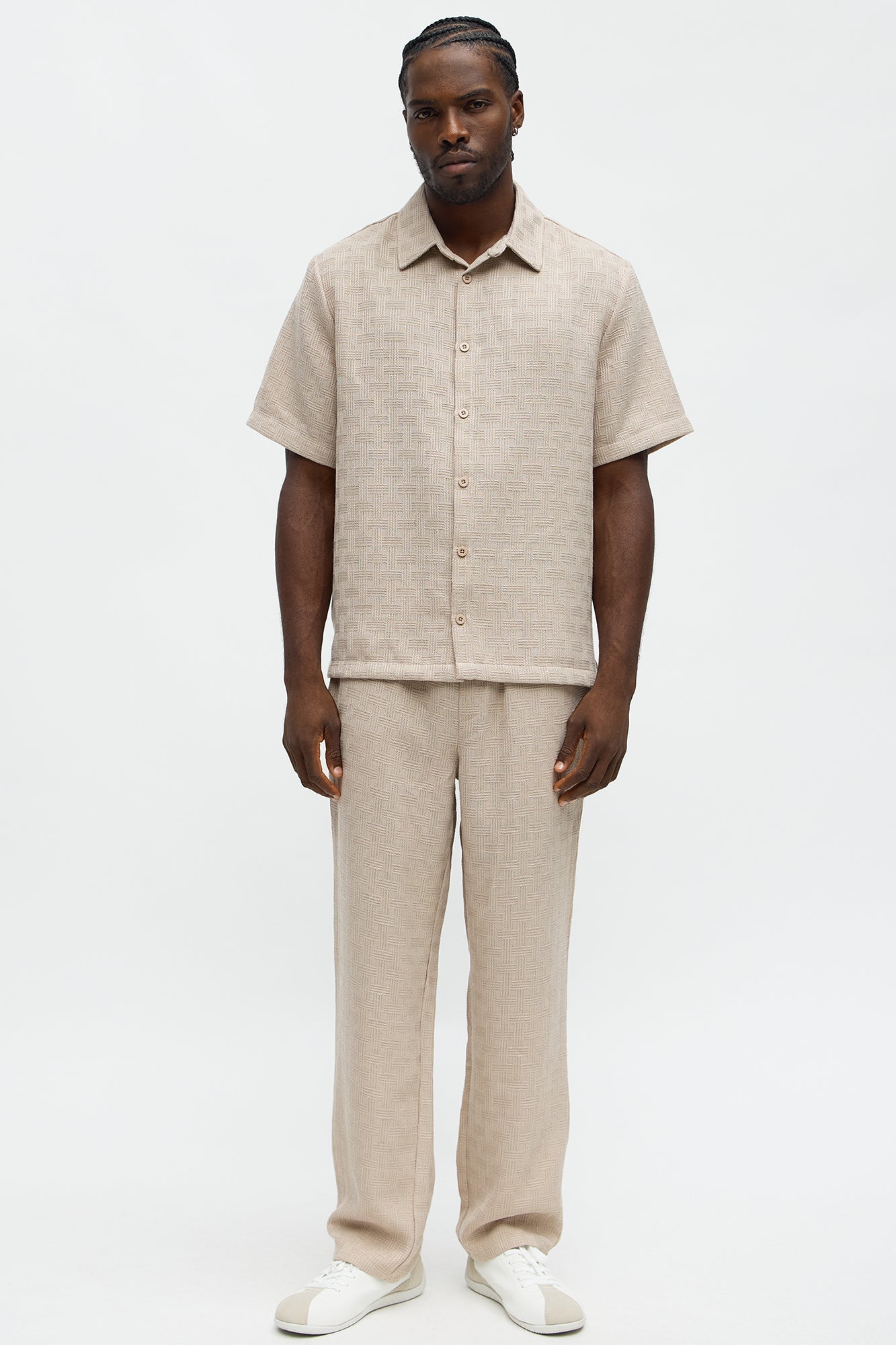 Crosshatch Textured Short Sleeve Button Up Shirt - Taupe