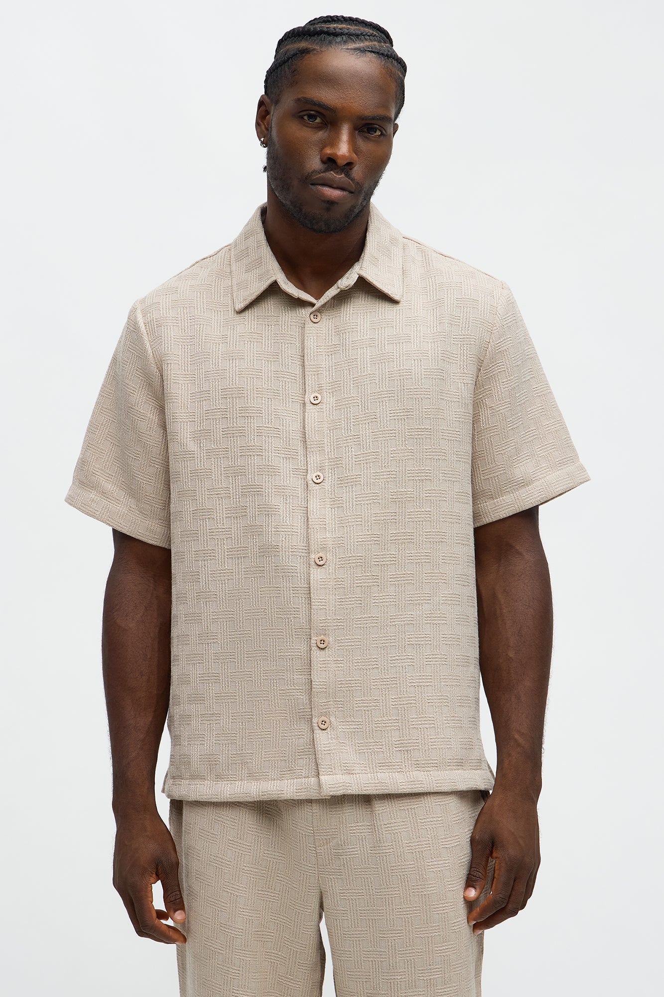 Crosshatch Textured Short Sleeve Button Up Shirt - Taupe