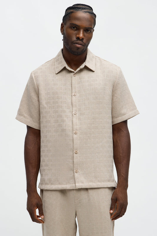 Crosshatch Textured Short Sleeve Button Up Shirt - Taupe