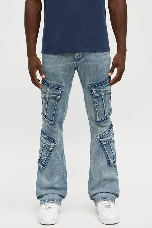 Stacked Skinny Flare Michel Cargo Jean - Medium Blue Wash