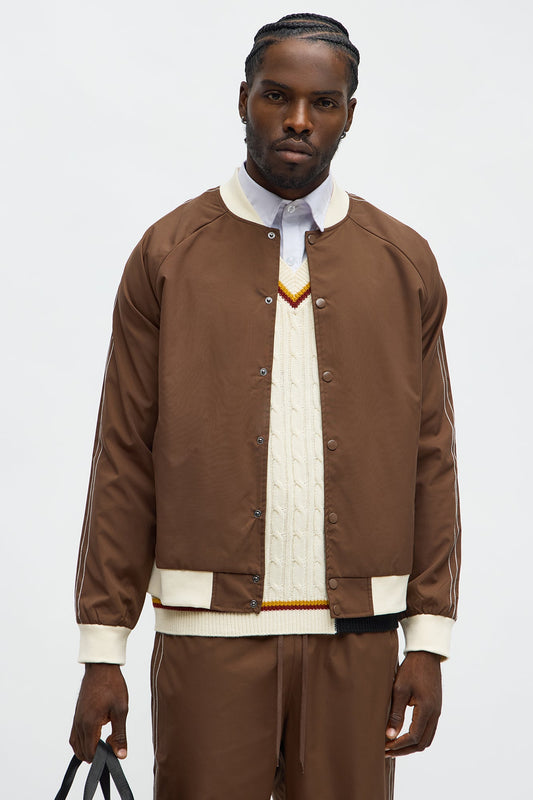 Suit Up Contrast Tipped Bomber Jacket - Brown