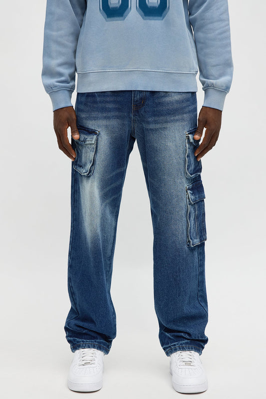 Relaxed Straight Binded Cargo Jean - Dark Wash