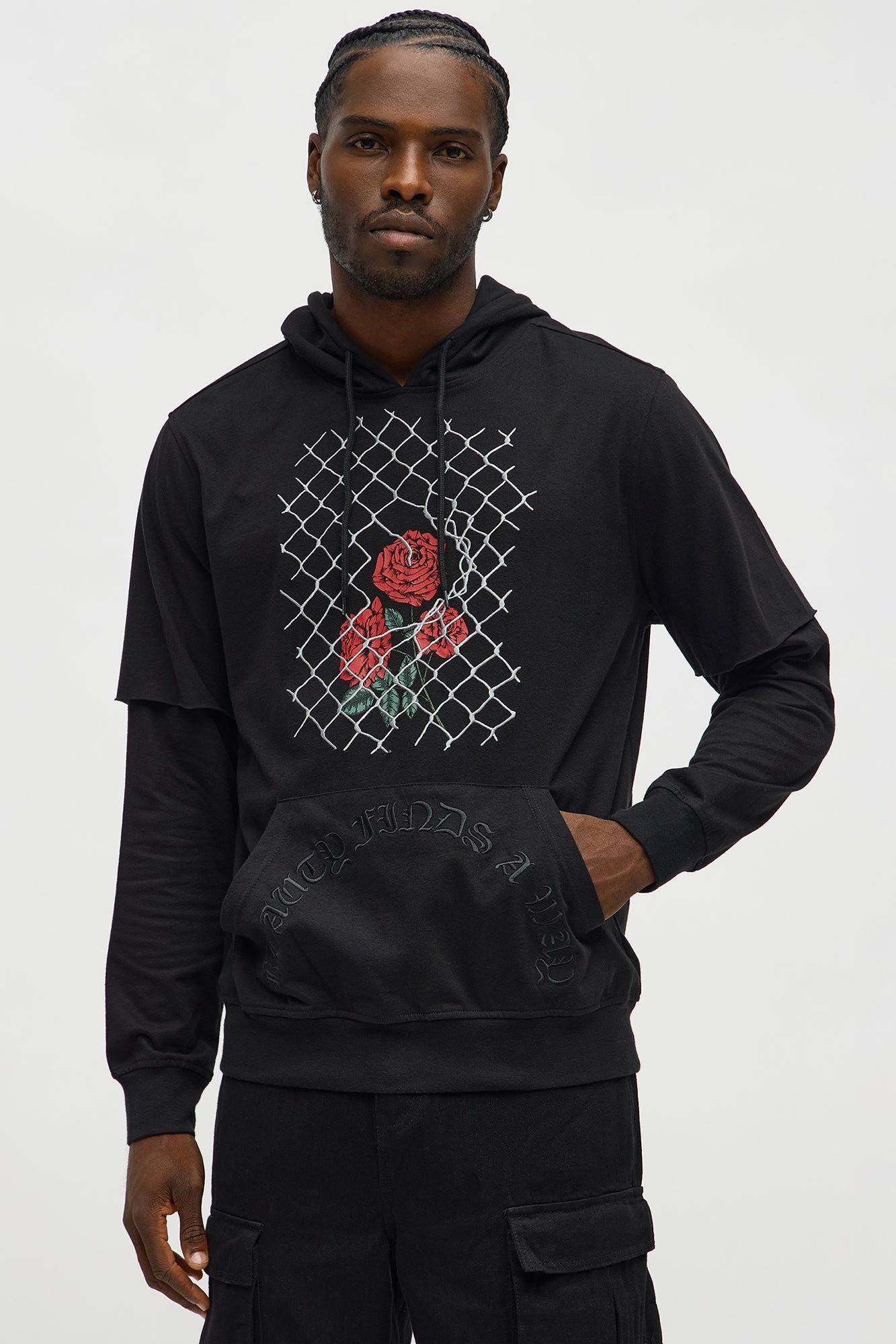 Graphic Hooded Twofer Shirt - Black