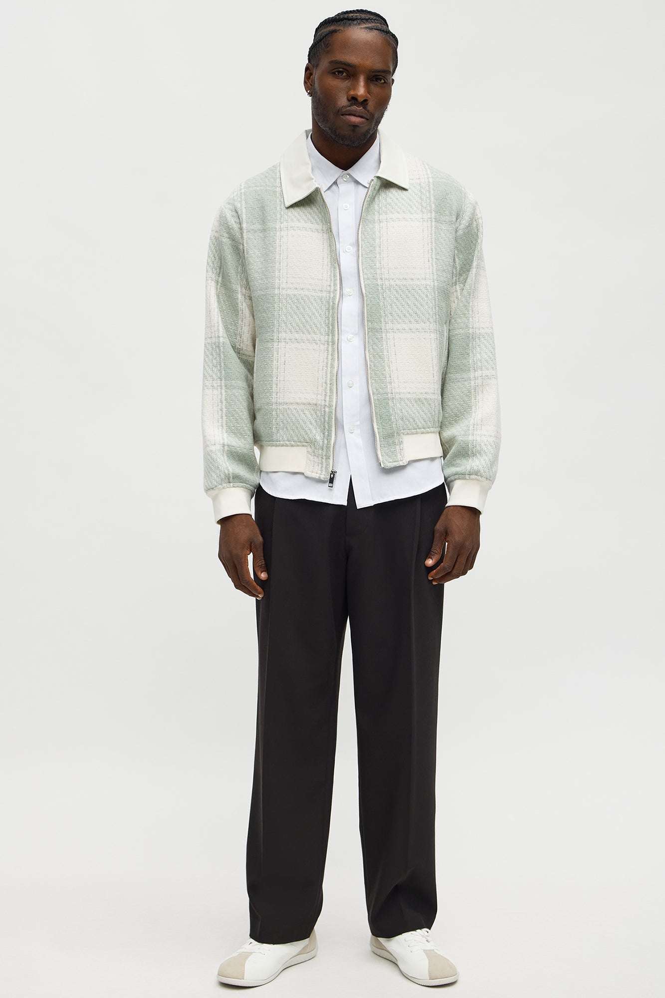 Tweed Plaid Bomber Jacket - Sage