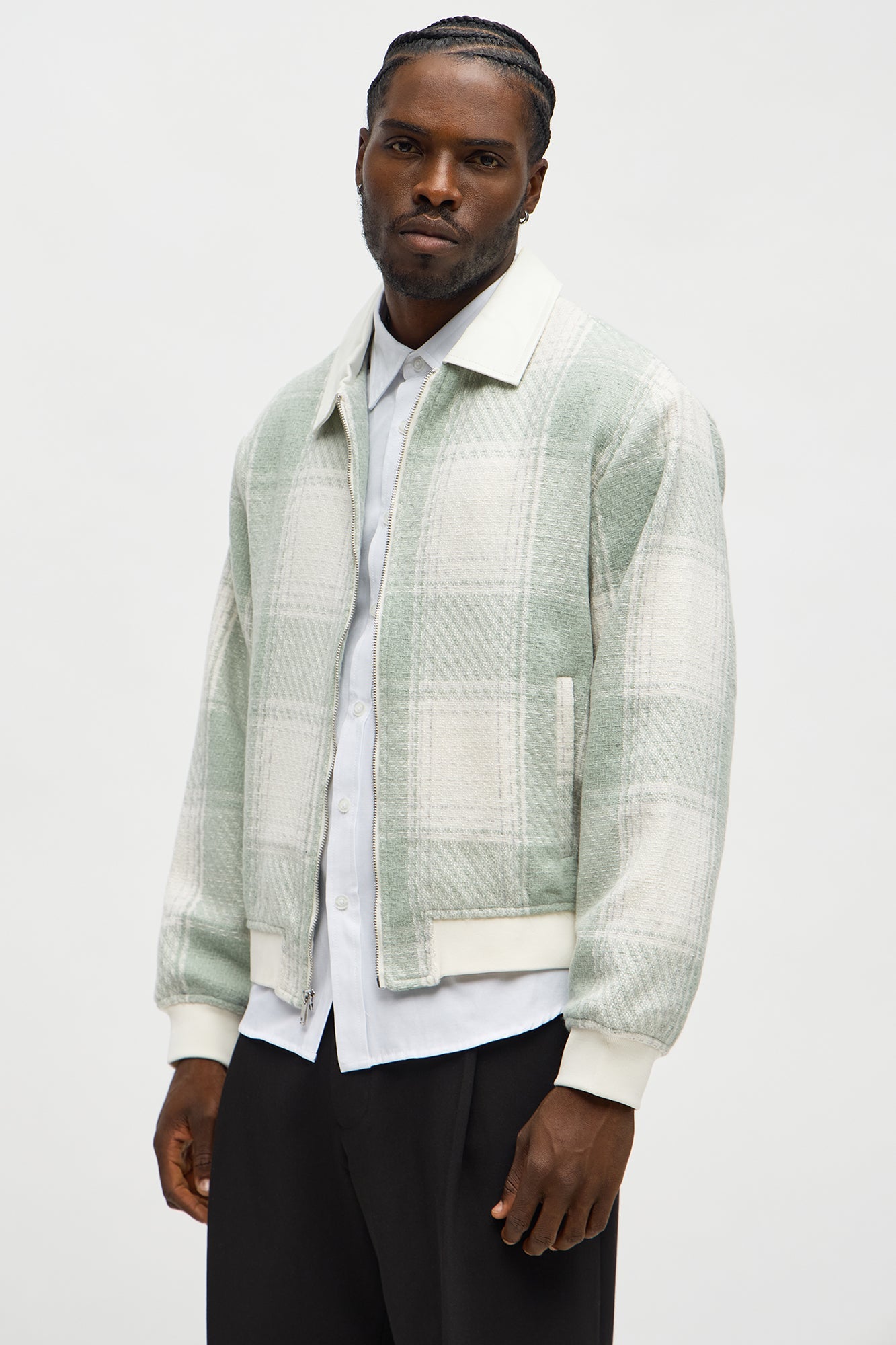 Tweed Plaid Bomber Jacket - Sage