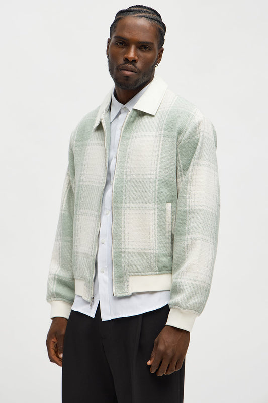 Tweed Plaid Bomber Jacket - Sage