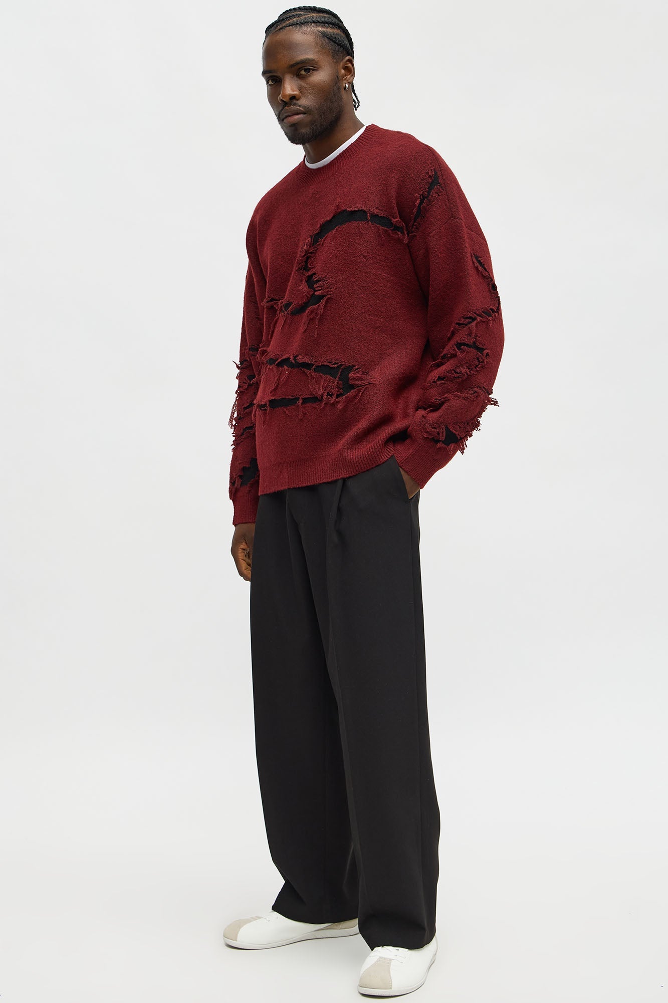 Oversized Trials Distressed Crewneck Sweater - Burgundy/combo