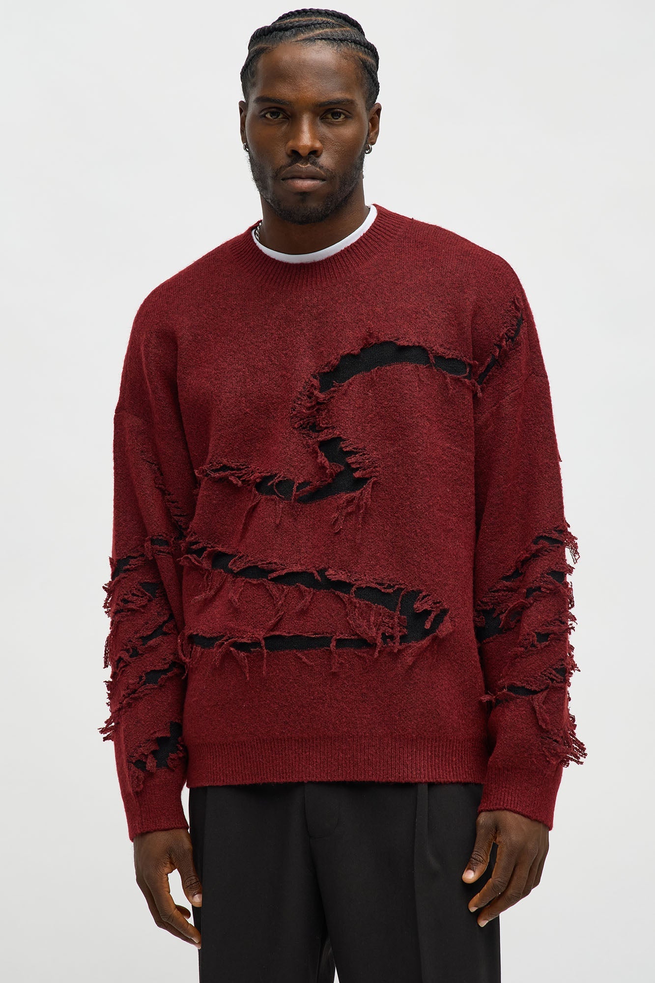 Oversized Trials Distressed Crewneck Sweater - Burgundy/combo
