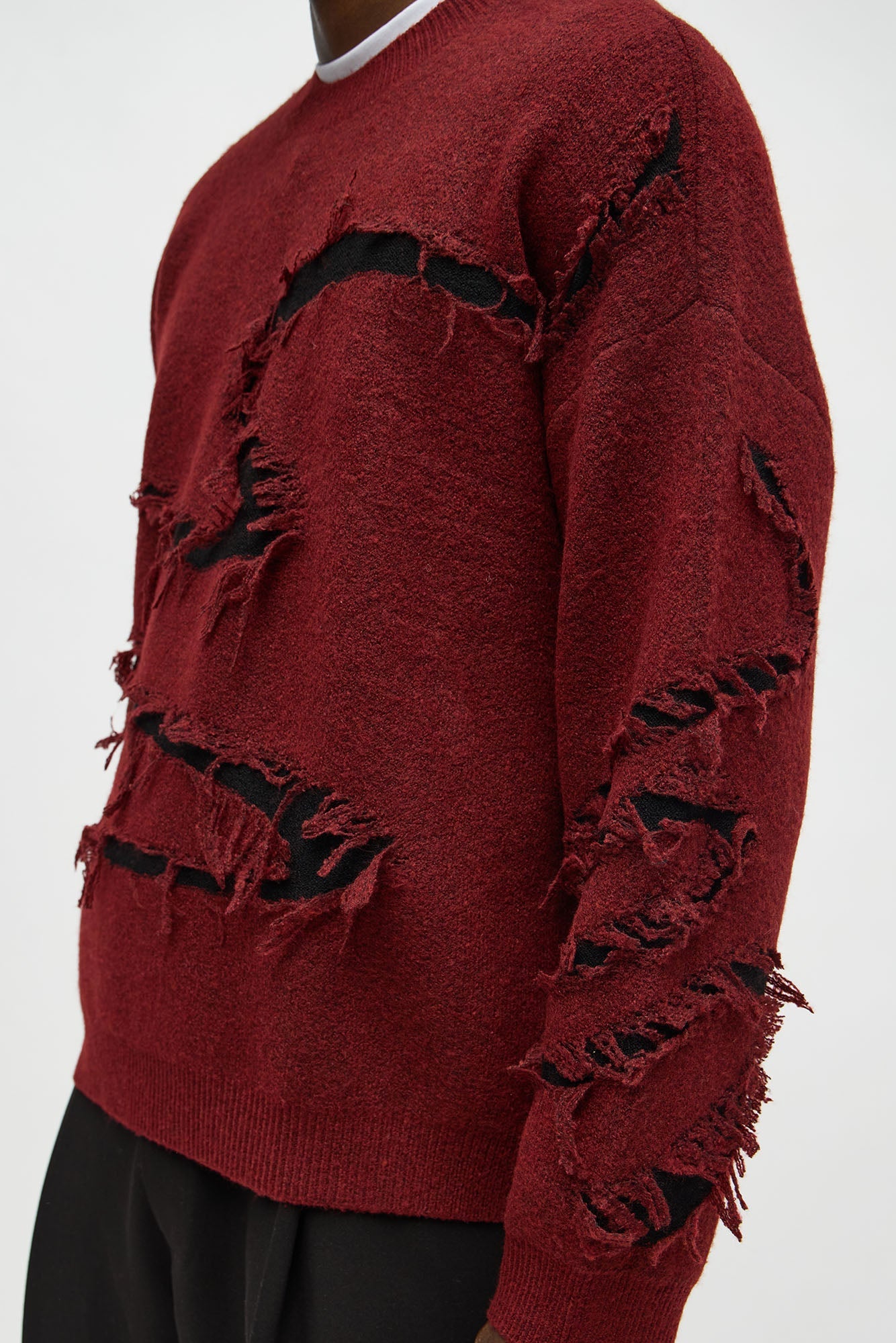 Oversized Trials Distressed Crewneck Sweater - Burgundy/combo