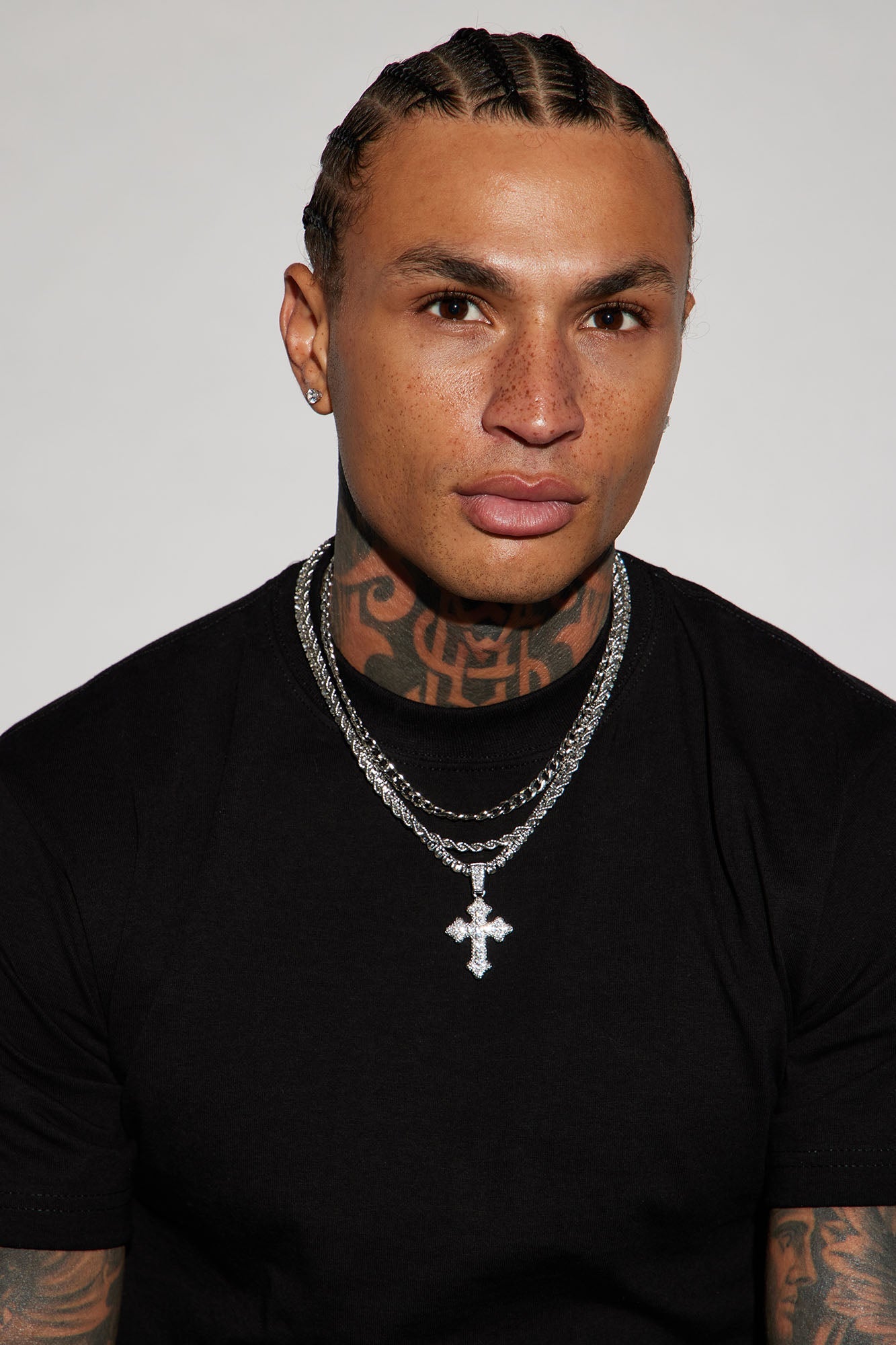 Iced Out Cross Out 3 Piece Chain Necklace - Silver