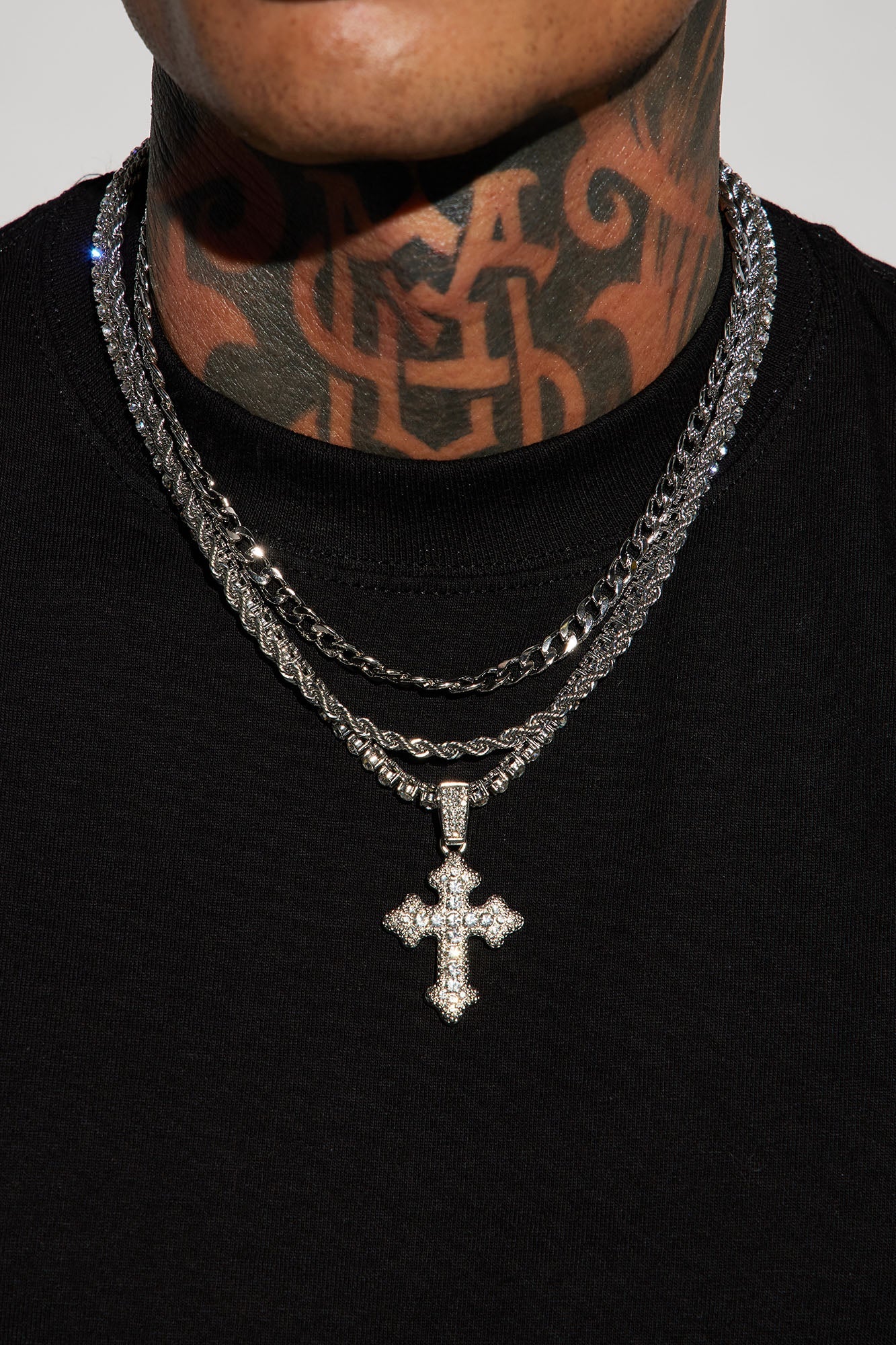Iced Out Cross Out 3 Piece Chain Necklace - Silver