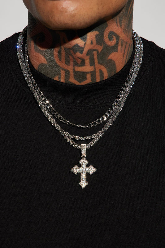 Iced Out Cross Out 3 Piece Chain Necklace - Silver