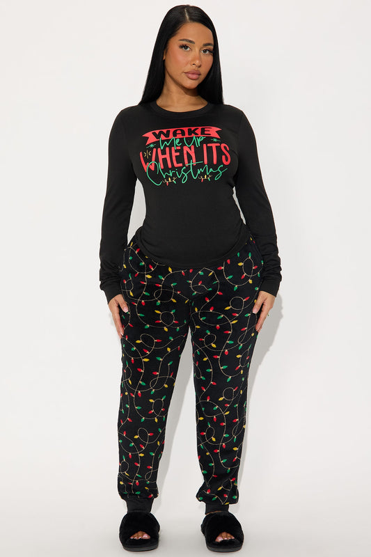 Wake Me Up On Christmas Matching Family Long Sleeve Plush PJ Jogger Set - Black/combo