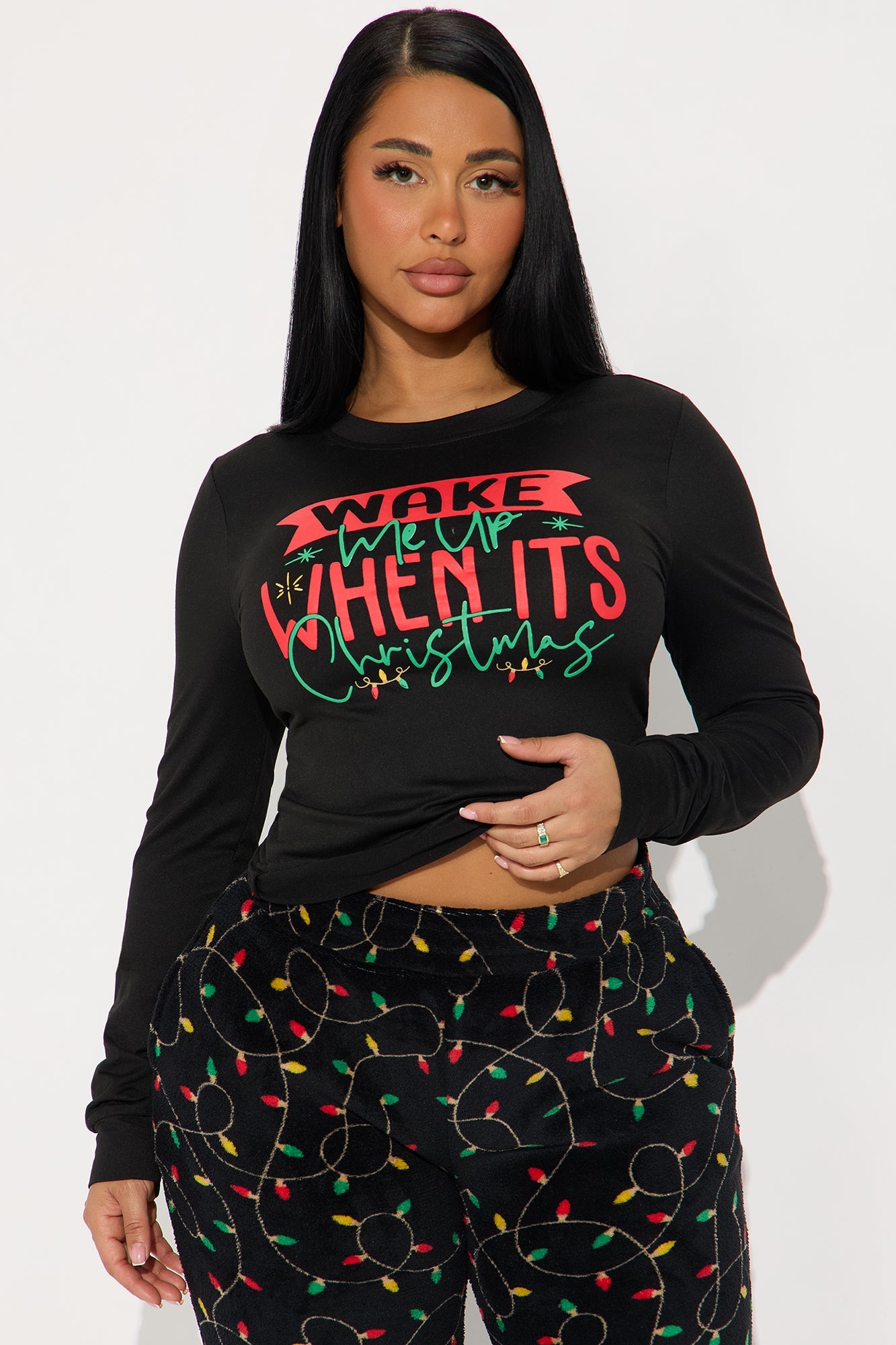 Wake Me Up On Christmas Matching Family Long Sleeve Plush PJ Jogger Set - Black/combo