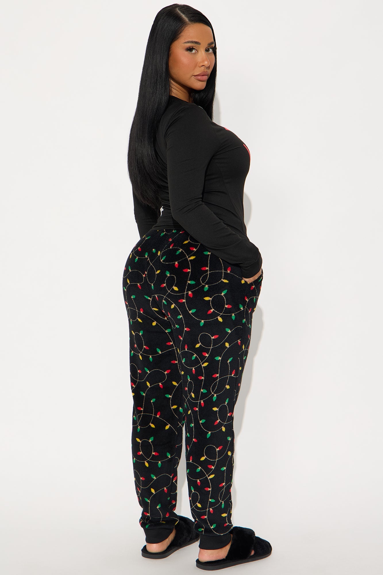 Wake Me Up On Christmas Matching Family Long Sleeve Plush PJ Jogger Set - Black/combo