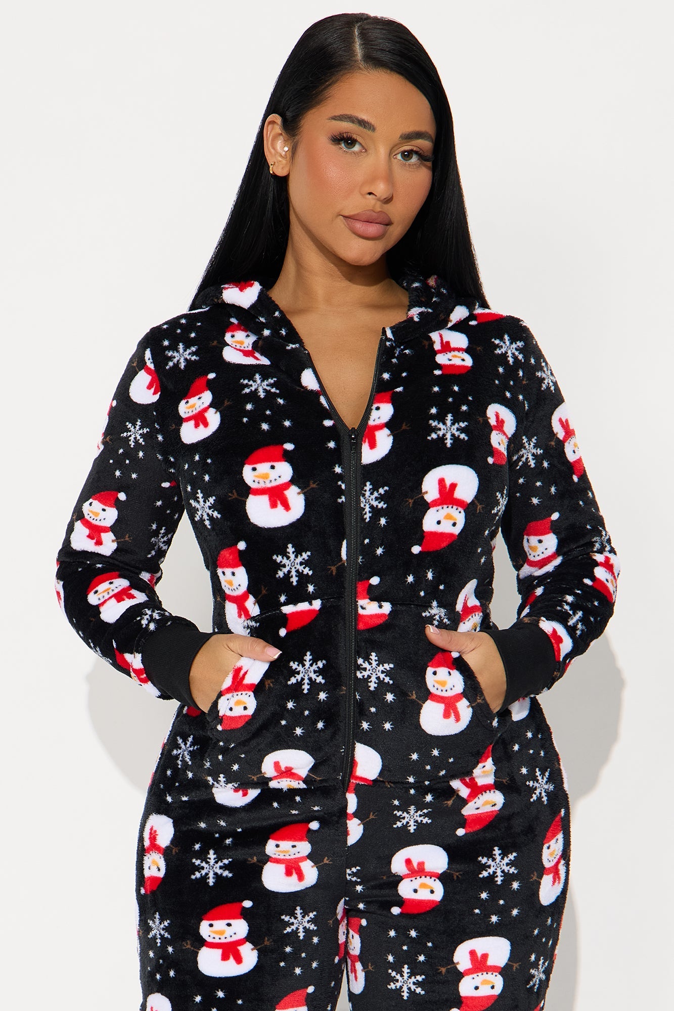 Cozy Snowman Matching Family Plush Hoodie PJ Jumpsuit Onesie - Black/combo
