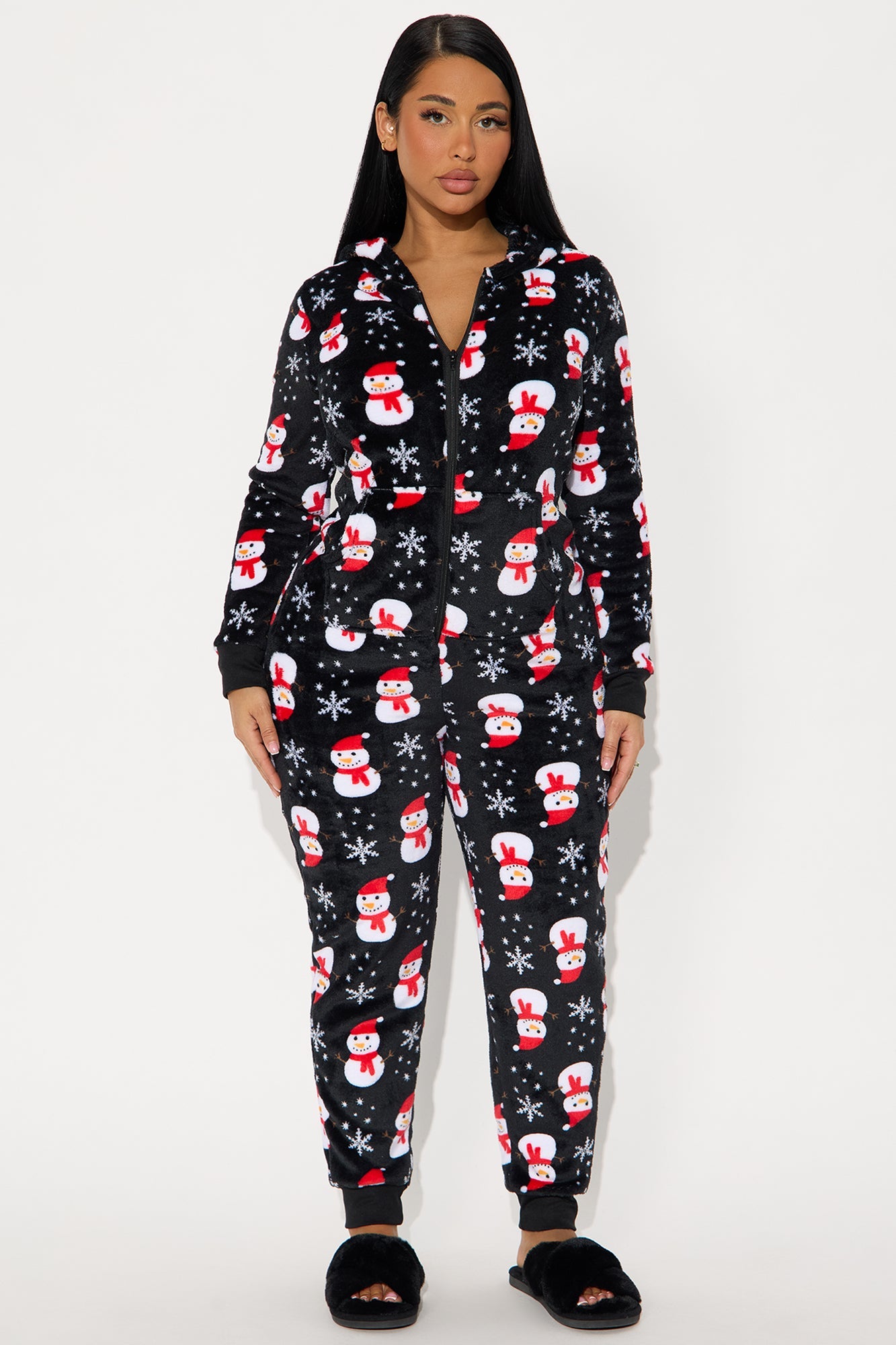 Cozy Snowman Matching Family Plush Hoodie PJ Jumpsuit Onesie - Black/combo
