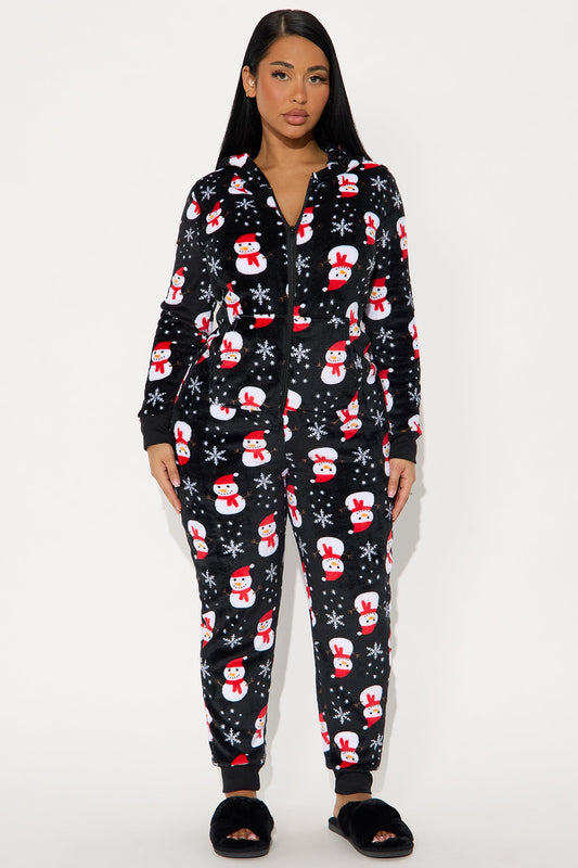 Cozy Snowman Matching Family Plush Hoodie PJ Jumpsuit Onesie - Black/combo