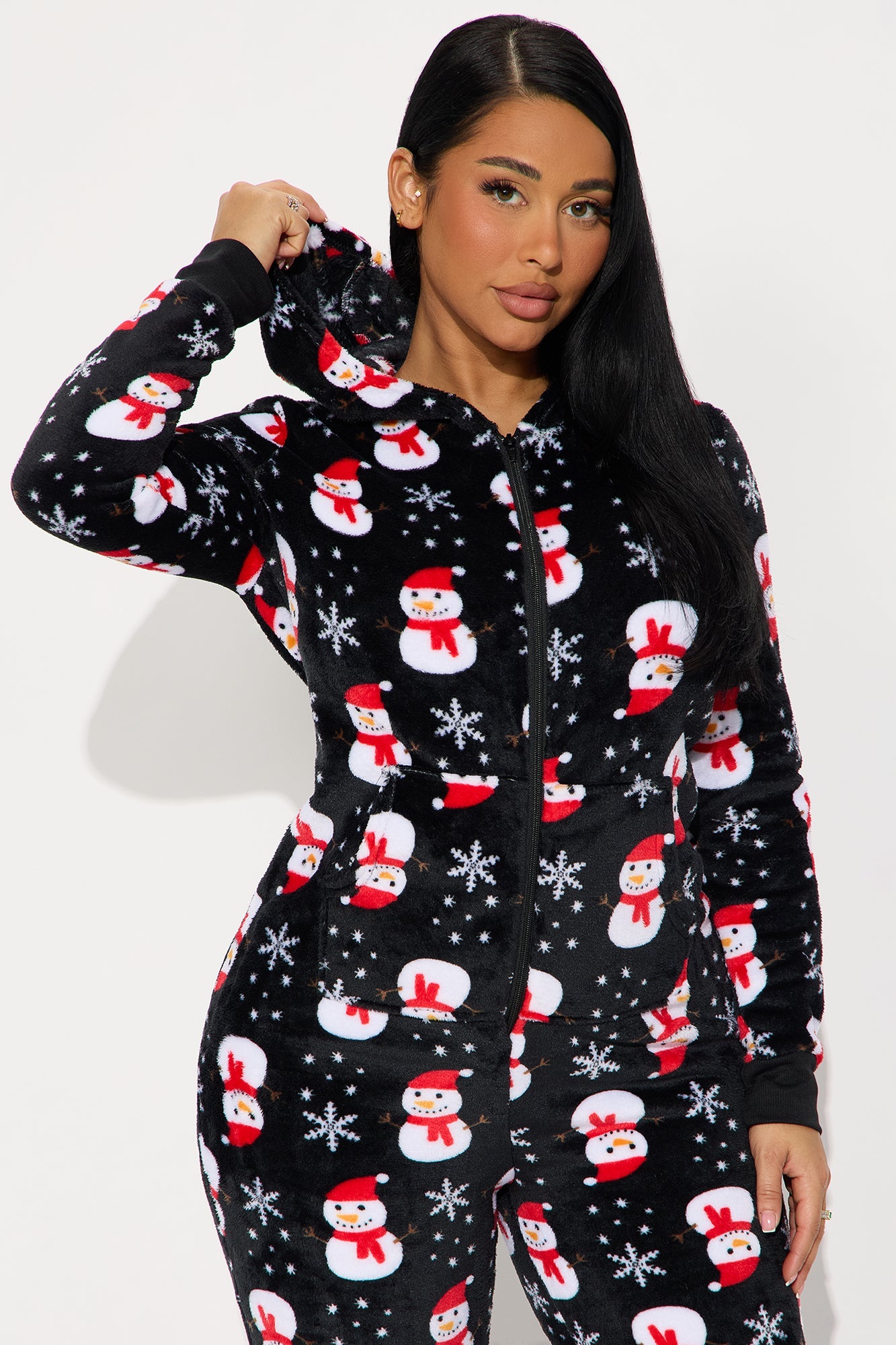 Cozy Snowman Matching Family Plush Hoodie PJ Jumpsuit Onesie - Black/combo