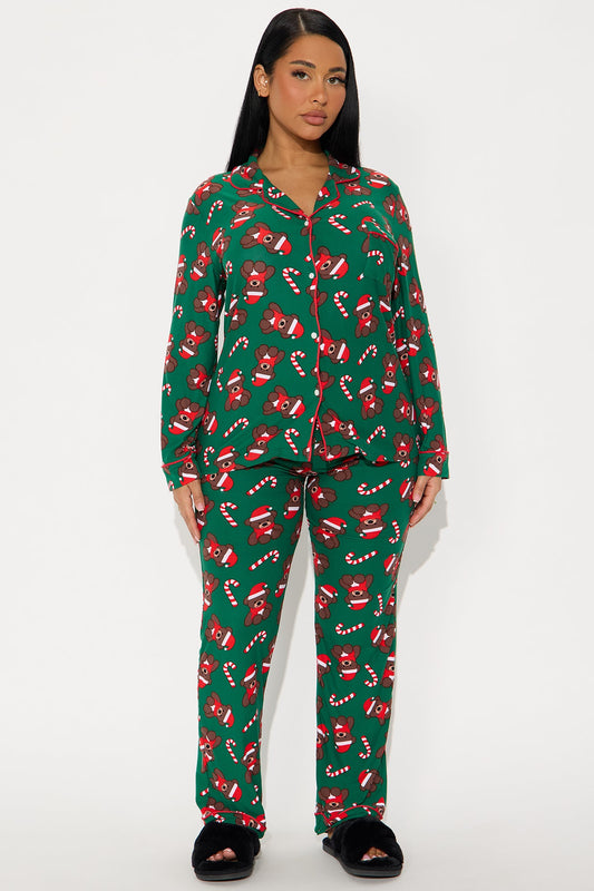 Merry Teddy Bears Matching Family Long Sleeve PJ Pant Set - Green/combo