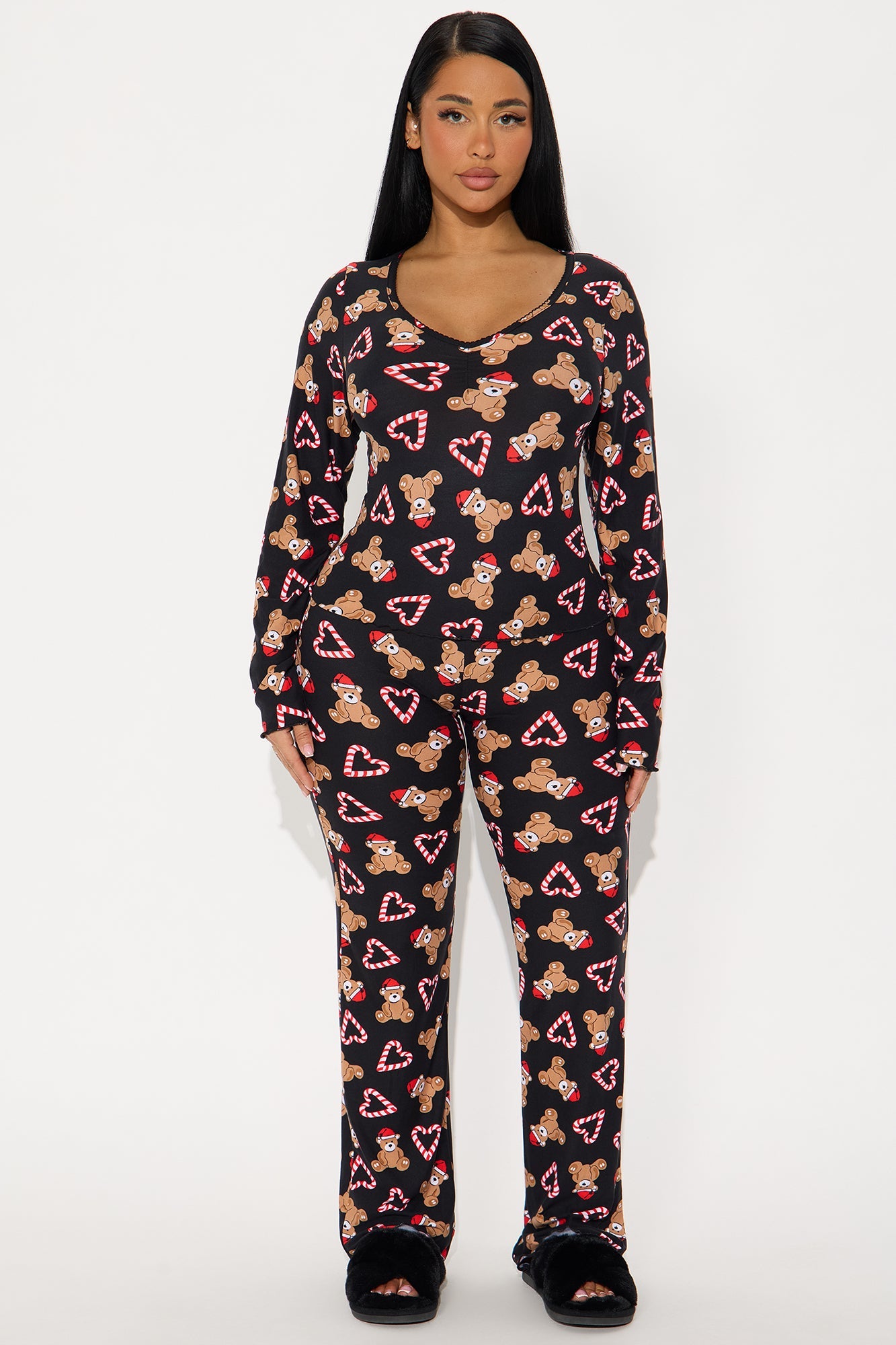 Candy Cane Teddy Long Sleeve PJ Pant Set - Black/Red
