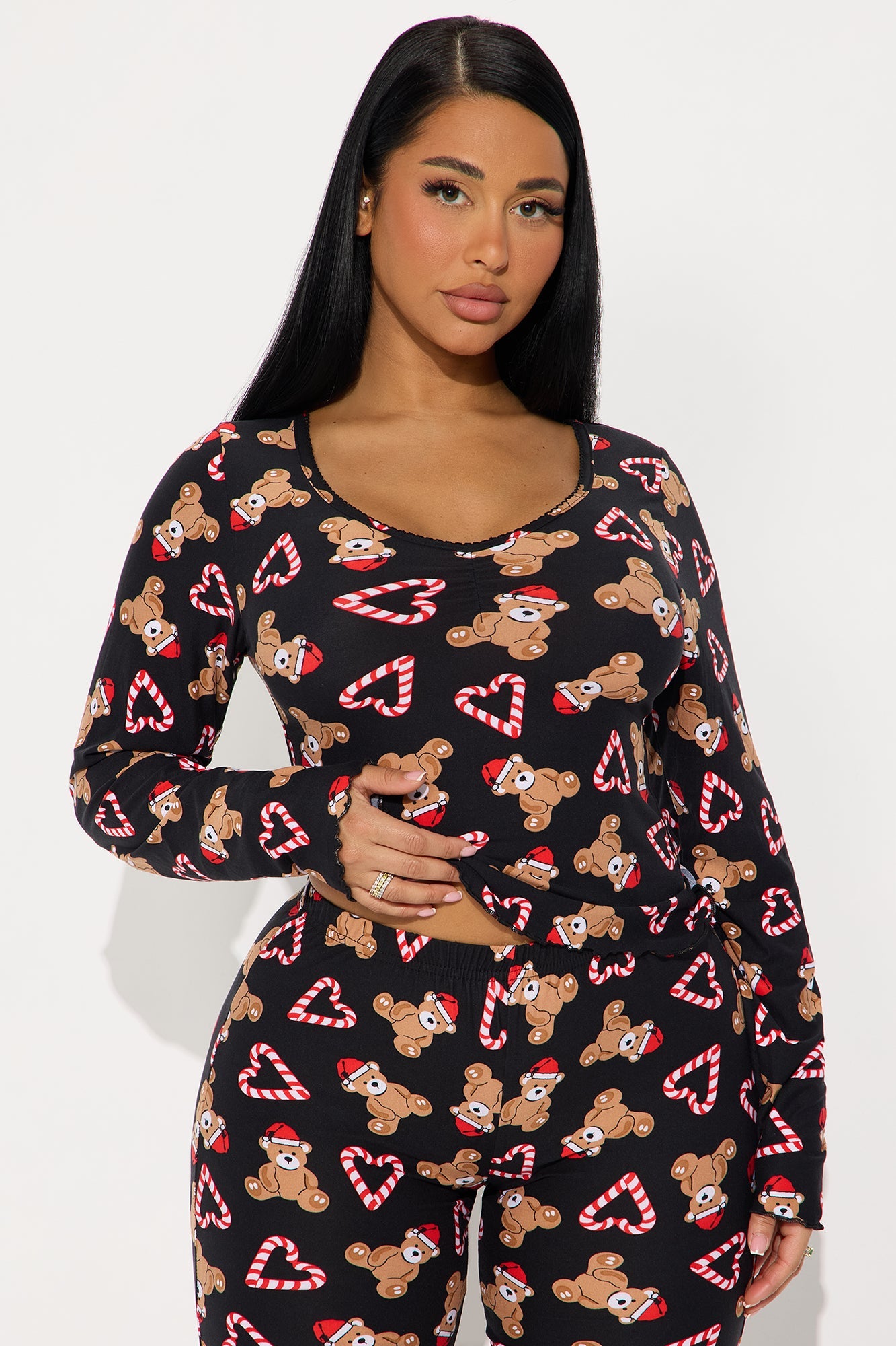 Candy Cane Teddy Long Sleeve PJ Pant Set - Black/Red