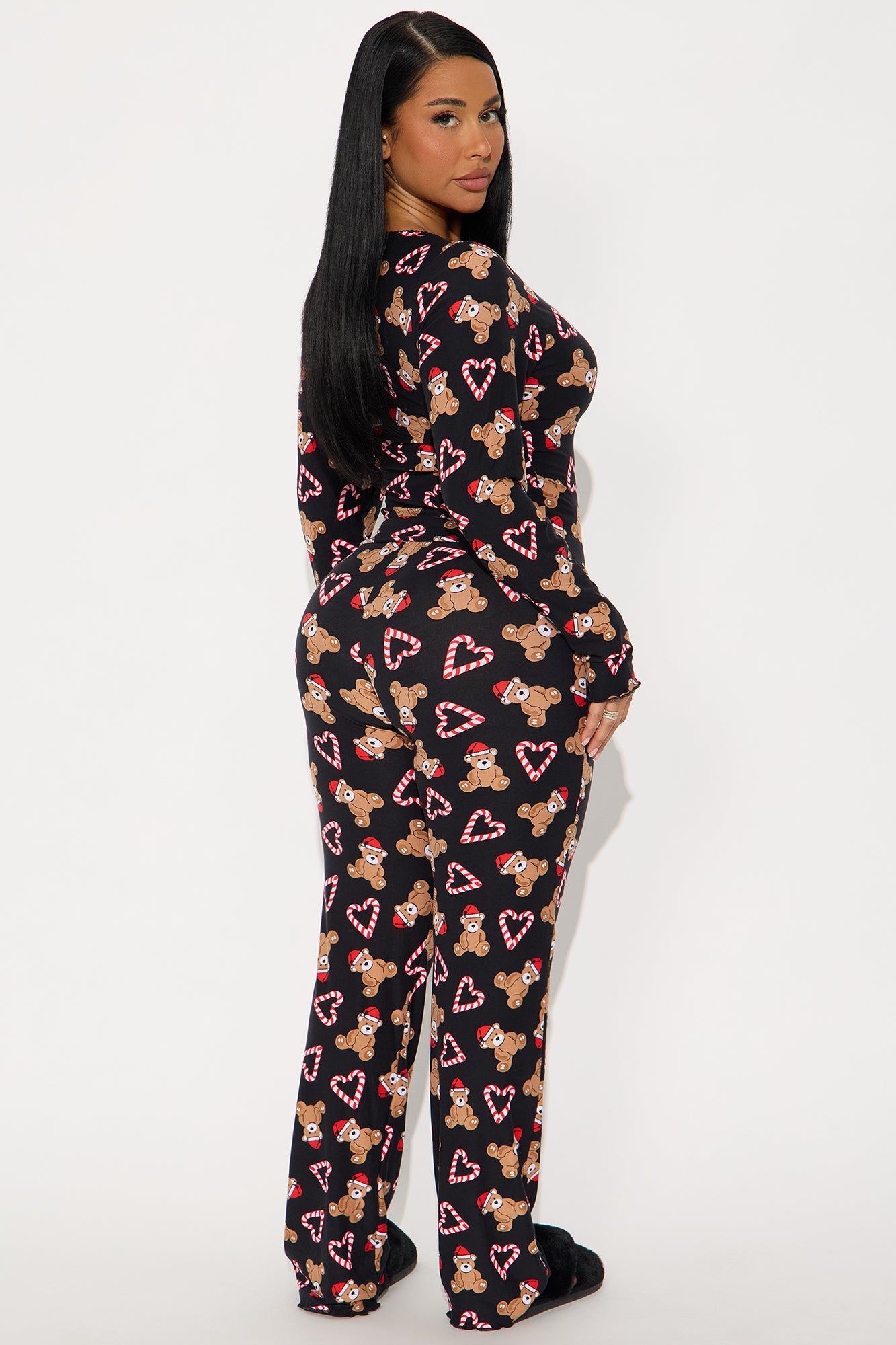 Candy Cane Teddy Long Sleeve PJ Pant Set - Black/Red