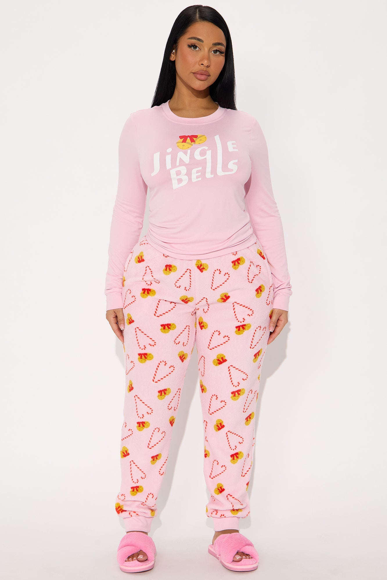 Jingle Bells Long Sleeve Plush PJ Jogger Set - Pink
