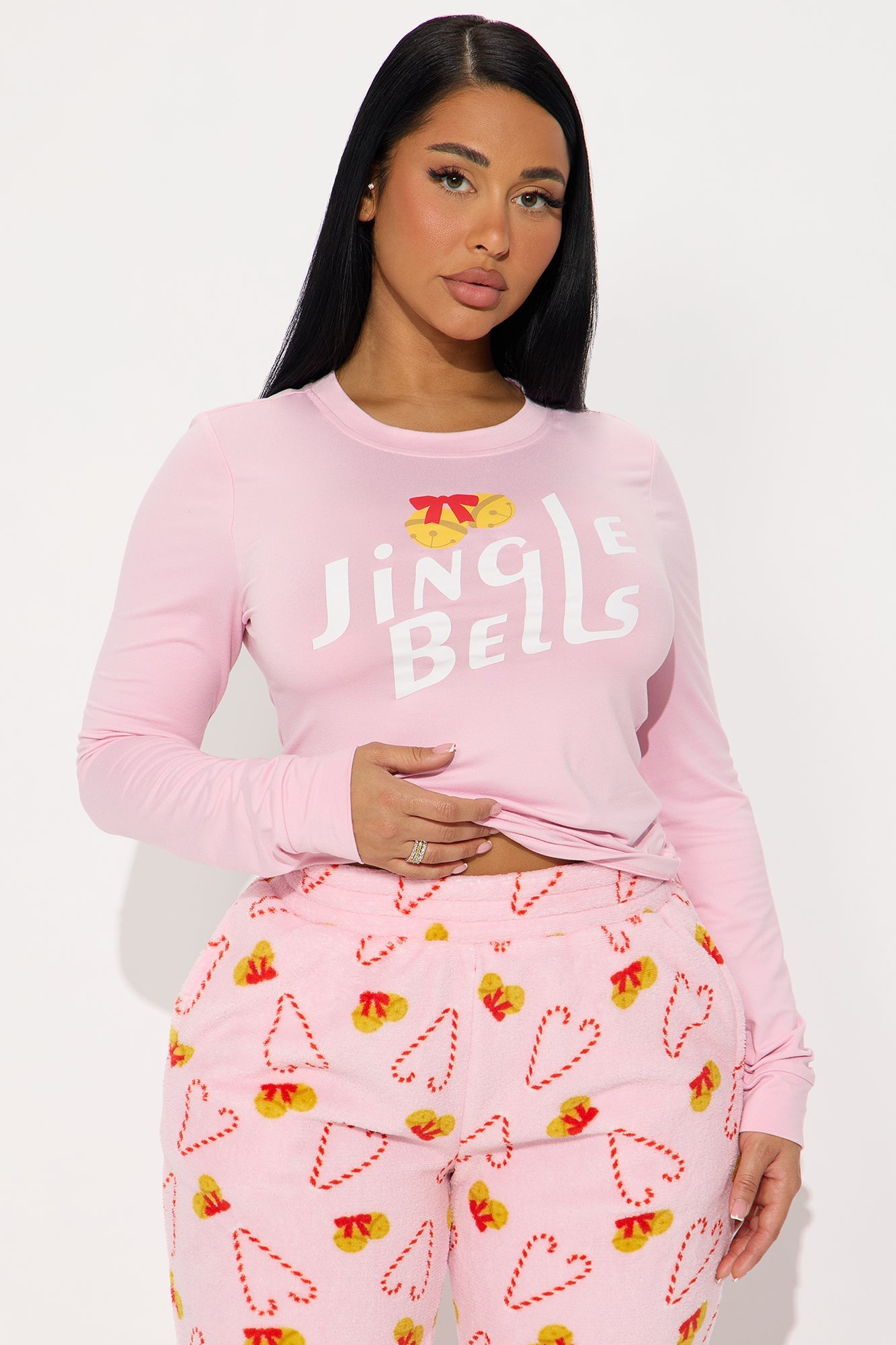 Jingle Bells Long Sleeve Plush PJ Jogger Set - Pink