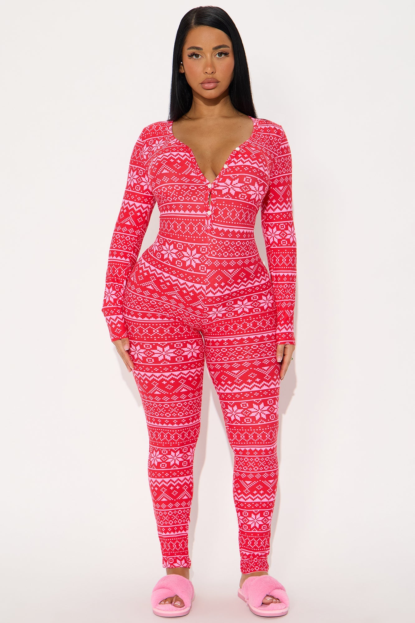 Holiday Snowflakes Long Sleeve PJ Jumpsuit Onesie - Red/combo