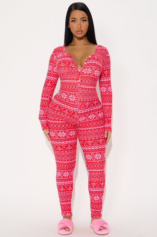 Holiday Snowflakes Long Sleeve PJ Jumpsuit Onesie - Red/combo