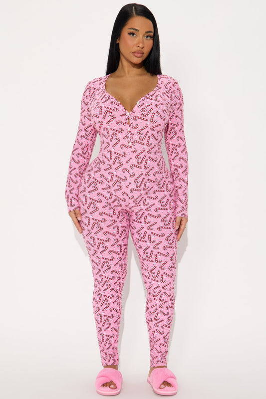 Sweet Candy Cane Long Sleeve PJ Jumpsuit Onesie - Pink