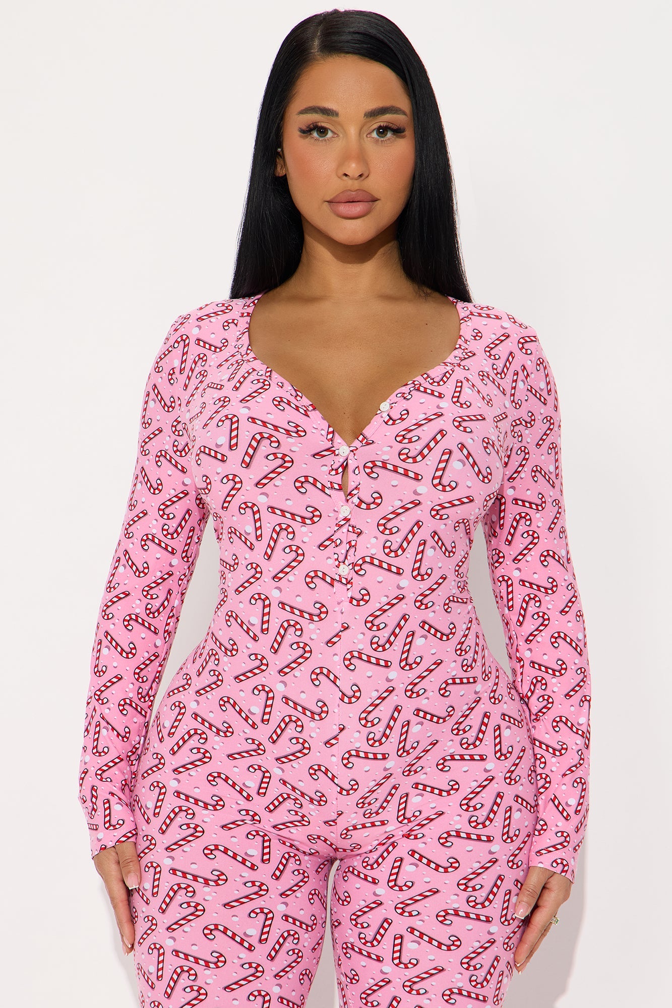 Sweet Candy Cane Long Sleeve PJ Jumpsuit Onesie - Pink