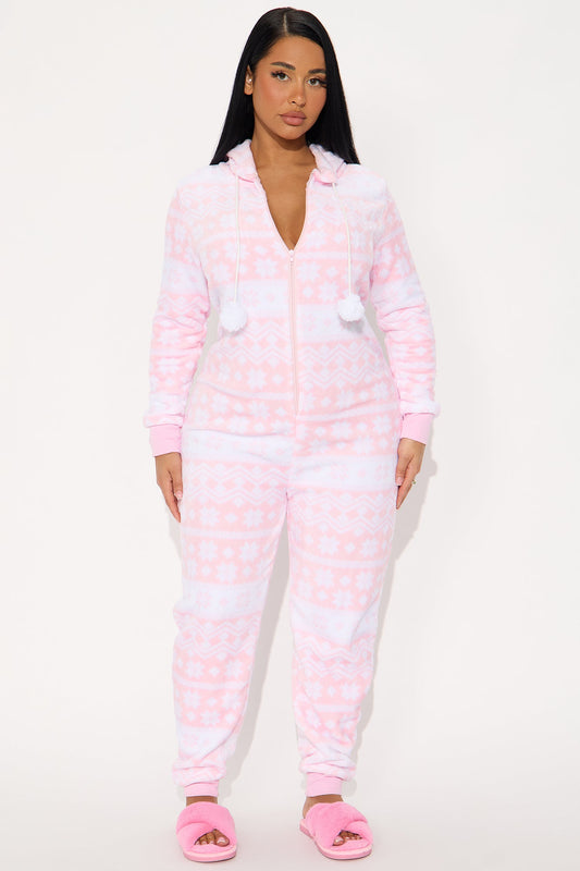 Winter Cutie Plush Hoodie PJ Jumpsuit Onesie - White/Pink
