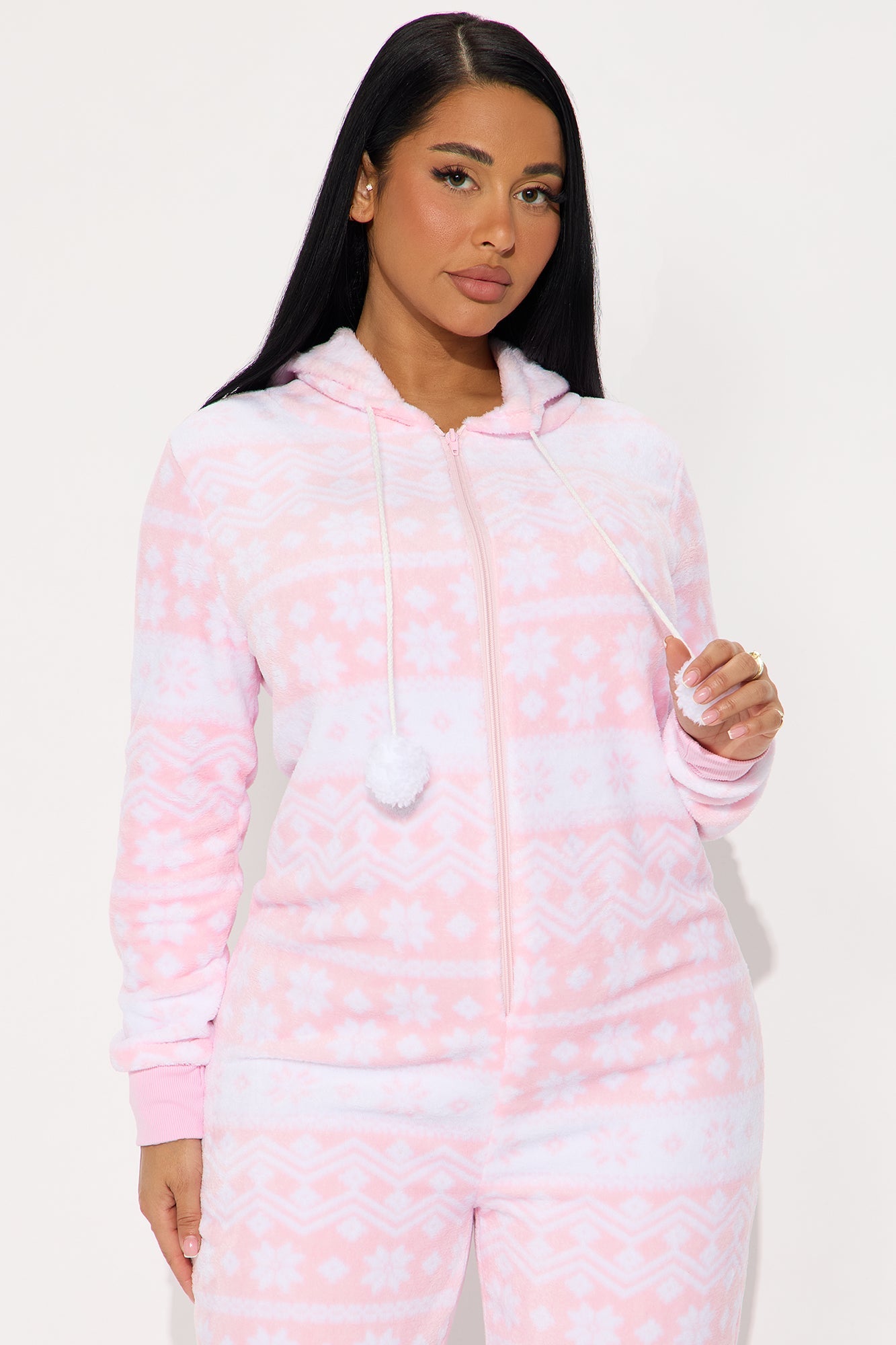 Winter Cutie Plush Hoodie PJ Jumpsuit Onesie - White/Pink