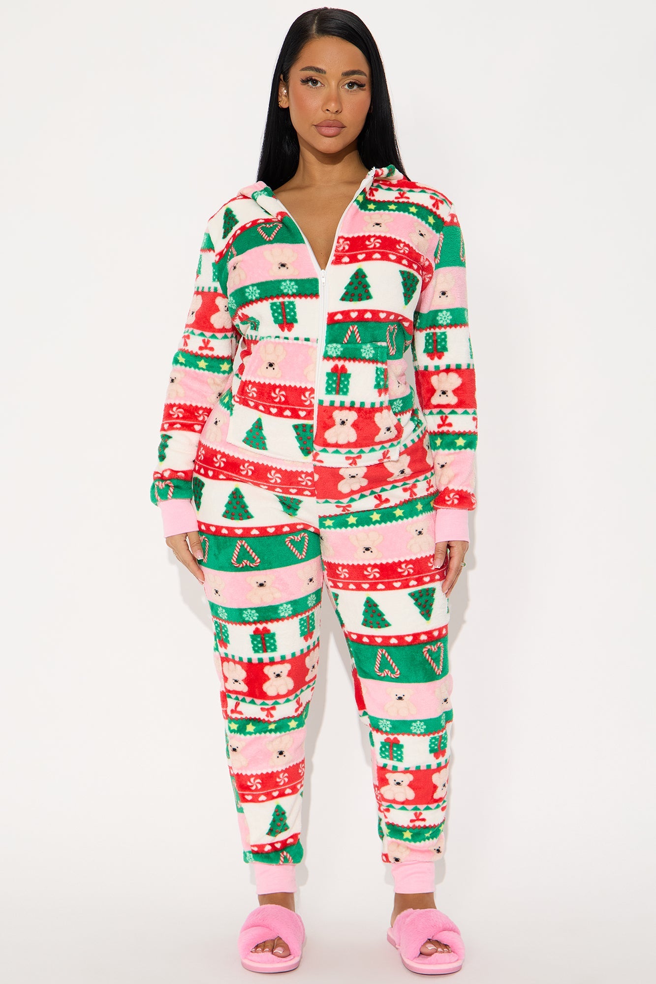 Sweetest Holiday Plush Hoodie PJ Jumpsuit Onesie - Green/combo