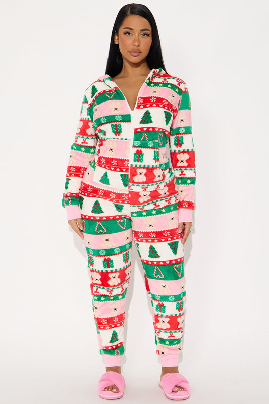 Sweetest Holiday Plush Hoodie PJ Jumpsuit Onesie - Green/combo